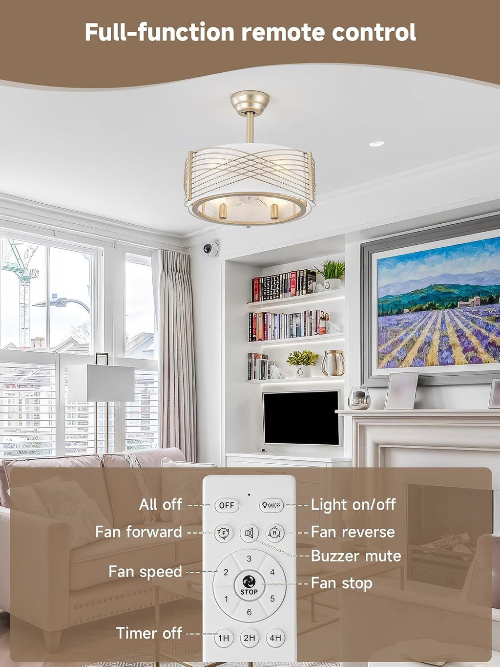 20' Gold Fandelier Ceiling Fan with Light, Caged Ceiling Fan with Light Remote Control, Mid Century Modern with 6 Speeds for Bedroom, Nursery, Living Room