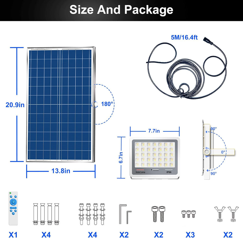 300W Solar Flood Lights Outdoor, 2-Pack 30000LM Dimmable Solar Security Lights with Remote, 3000K-7000K Color Changing, 20000mAh Battery, Dusk to Dawn, IP66 Waterproof, for Yard, Barn, Garage, Pool
