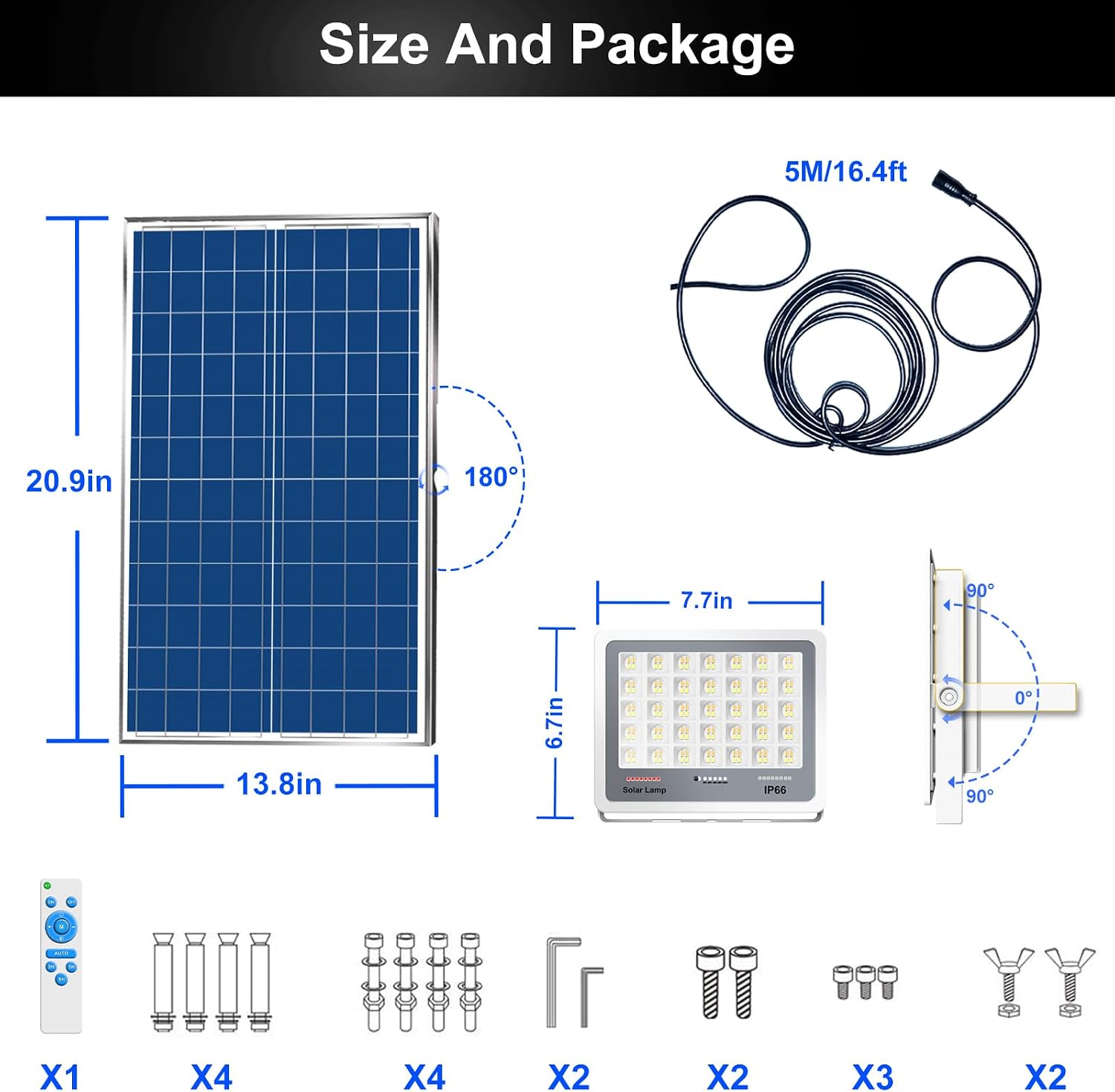 300W Solar Flood Lights Outdoor, 2-Pack 30000LM Dimmable Solar Security Lights with Remote, 3000K-7000K Color Changing, 20000mAh Battery, Dusk to Dawn, IP66 Waterproof, for Yard, Barn, Garage, Pool