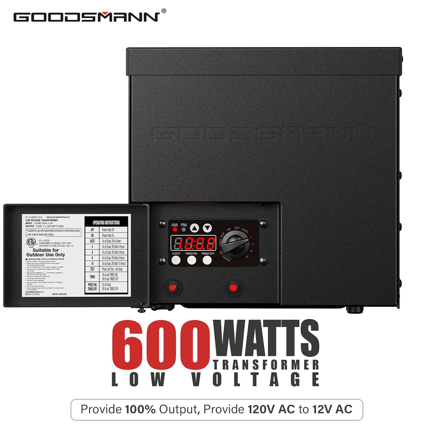 GOODSMANN Low Voltage Transformer Low Voltage Landscape Lighting Spotlight Outdoor Transformer with Photo Eye and Timer 120V Input 12V Output (600 Watts)
