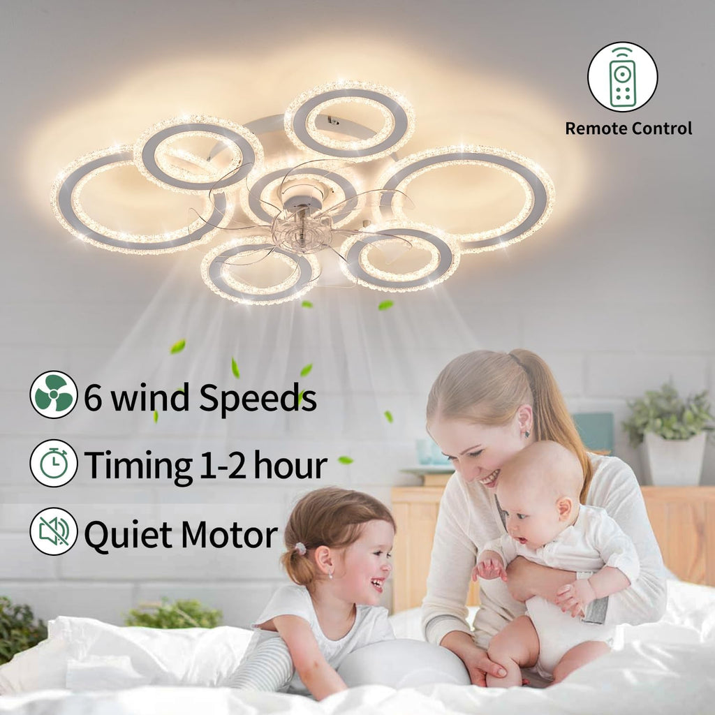 Yfrest Ceiling Fan with Light and Remote, White Low Profile Ceiling Fans with Lights, Flush Mount Ceiling Fan with 3 Light Color 6 Speeds, Fandelier Ceiling Fan for Kitchen Living Room 7-Ring