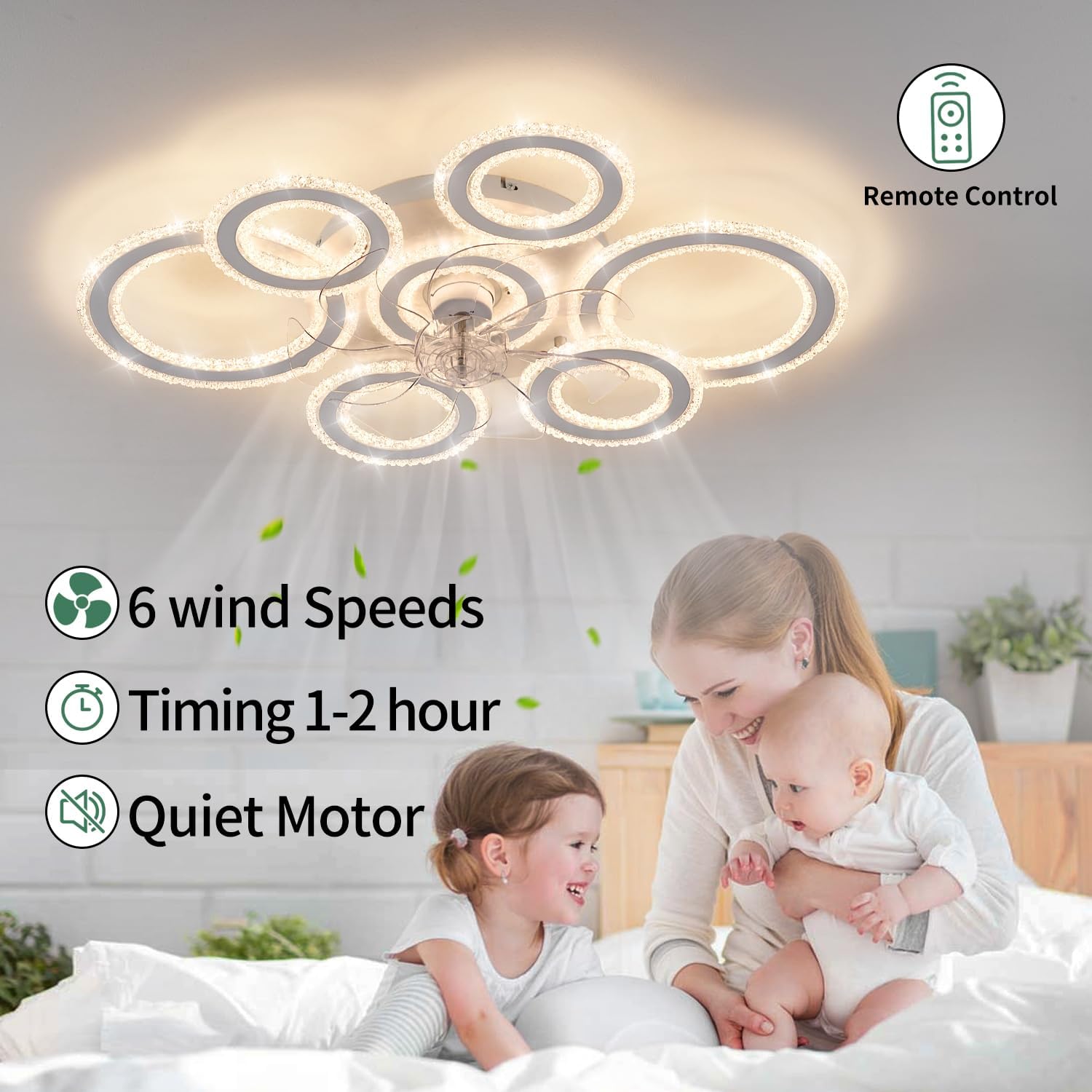 Yfrest Ceiling Fan with Light and Remote, White Low Profile Ceiling Fans with Lights, Flush Mount Ceiling Fan with 3 Light Color 6 Speeds, Fandelier Ceiling Fan for Kitchen Living Room 7-Ring