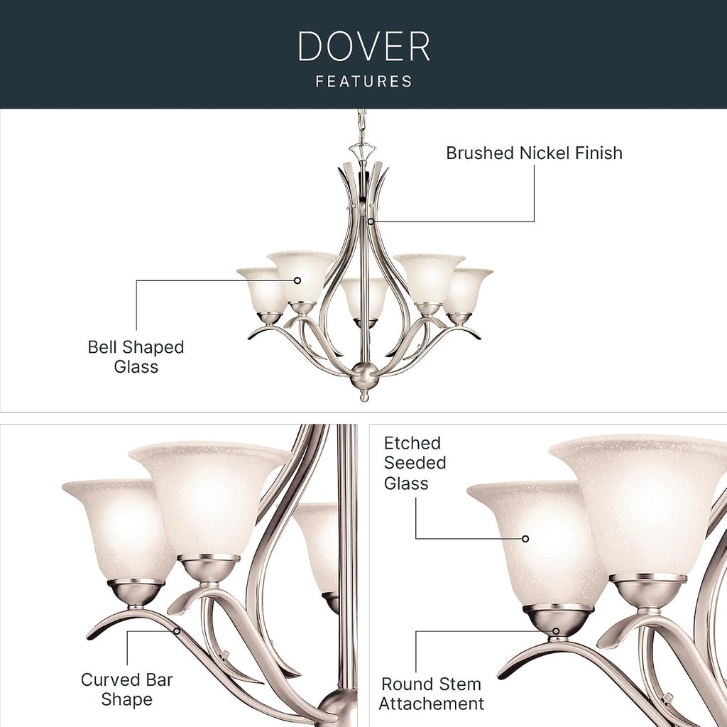 Kichler Dover 5-Light Chandelier with Etched Seeded Glass in Brushed Nickel, Transitional Dining Room or Foyer Light Fixture for High Ceilings (24' x 23'), 2020NI