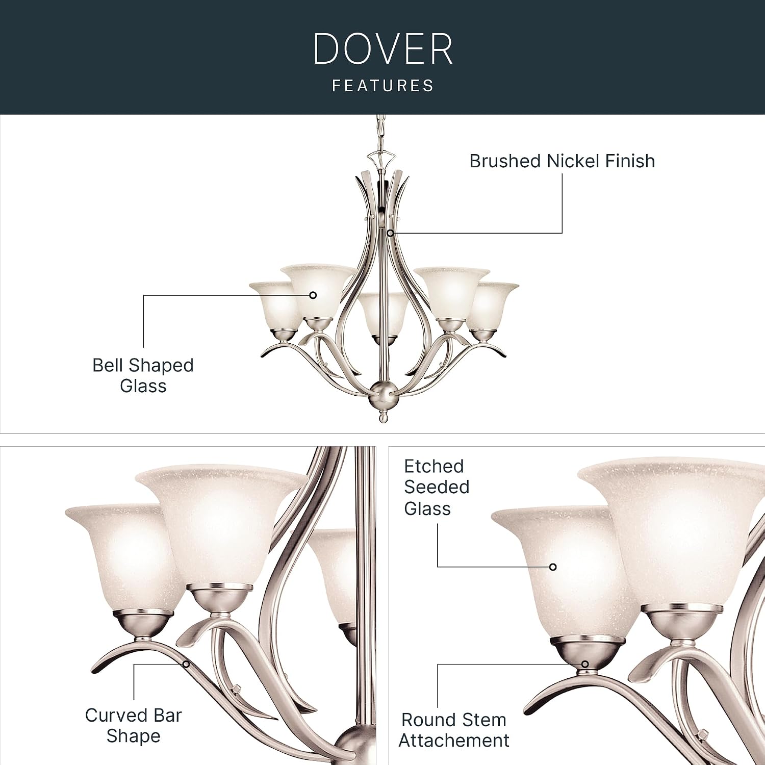 Kichler Dover 5-Light Chandelier with Etched Seeded Glass in Brushed Nickel, Transitional Dining Room or Foyer Light Fixture for High Ceilings (24' x 23'), 2020NI