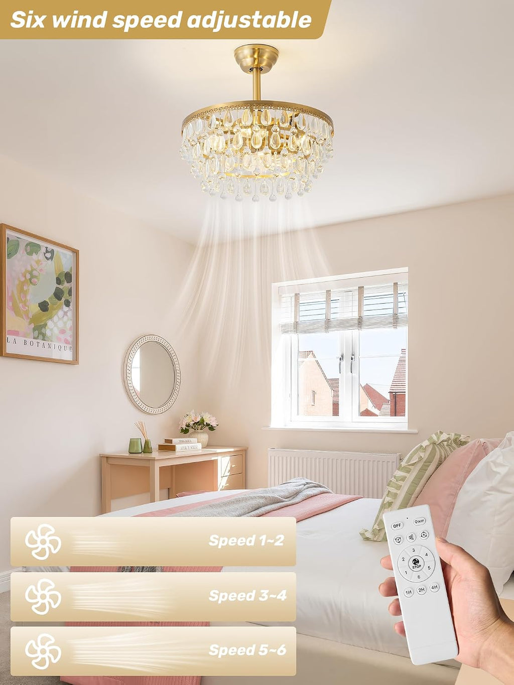Gold Crystal Fandelier Ceiling Fan with Light, 20' Crystal Chandelier Ceiling Fans with Lights and Remote with 6 Speeds for Bedroom, Living Room, Nursery