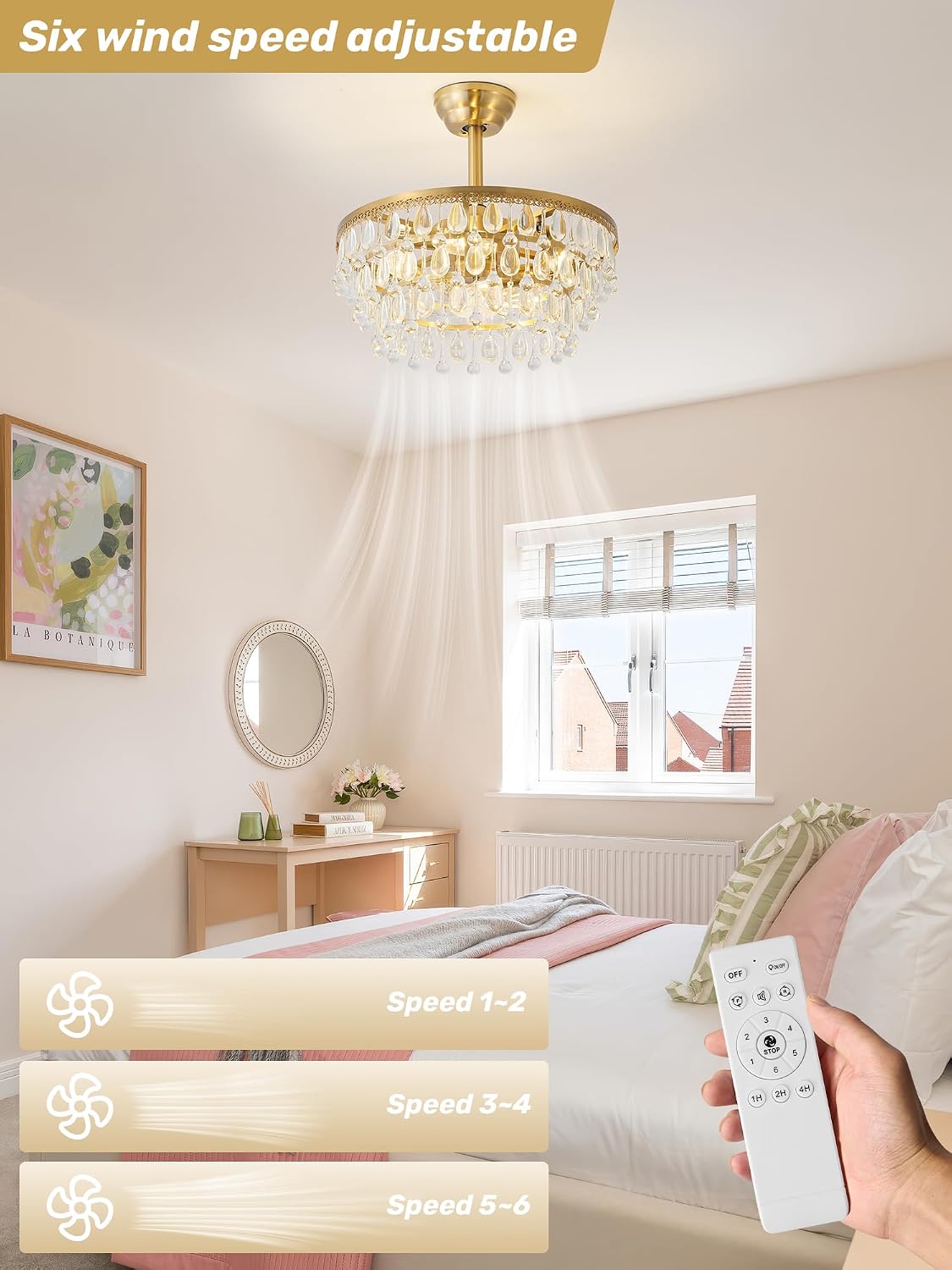 Gold Crystal Fandelier Ceiling Fan with Light, 20' Crystal Chandelier Ceiling Fans with Lights and Remote with 6 Speeds for Bedroom, Living Room, Nursery