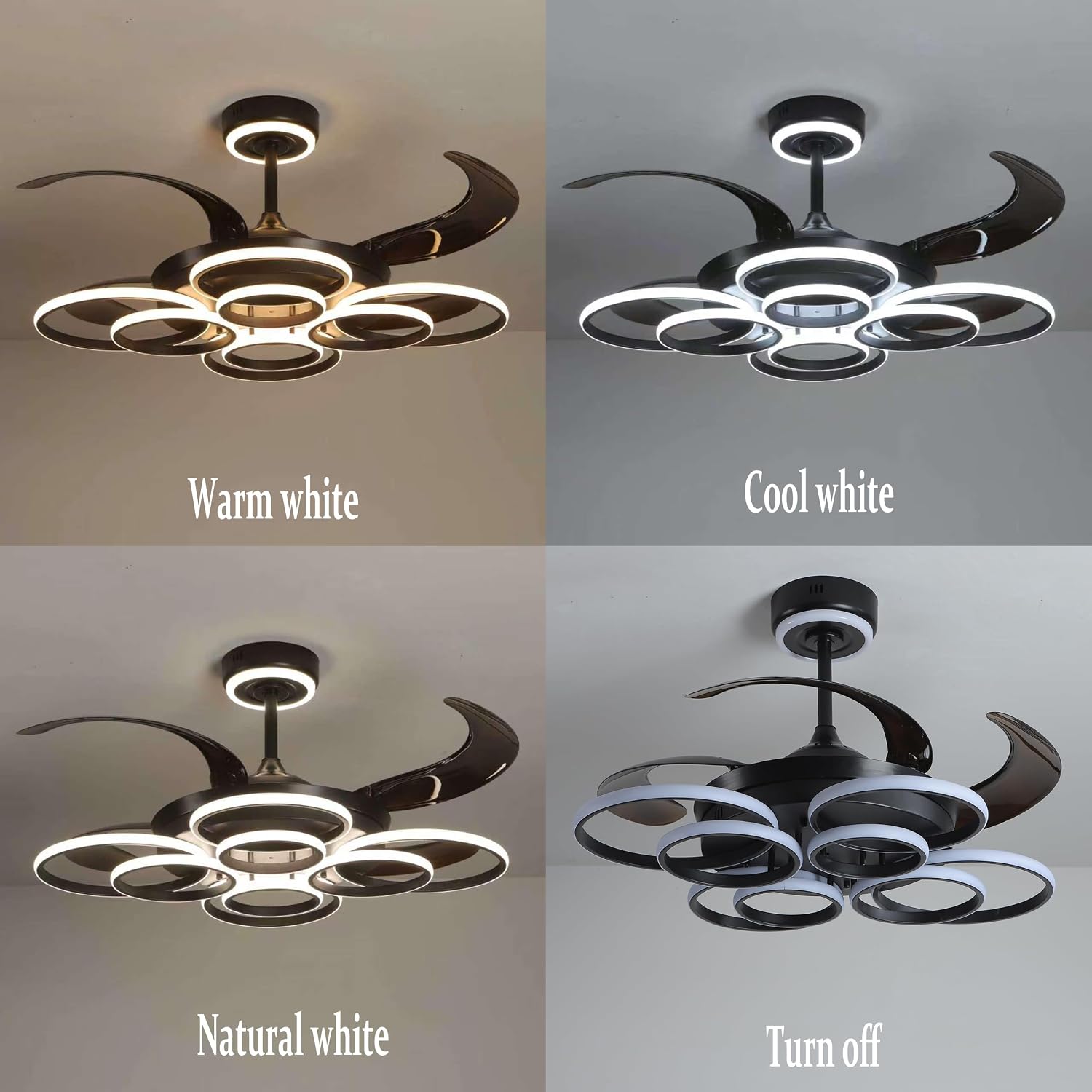 48' Retractable Ceiling Fan with Lights Modern Fandelier Fan Light with Remote Bladeless Fan Ceiling Light for Bedroom Living Room 6 Speed Black (Black RFL25009)