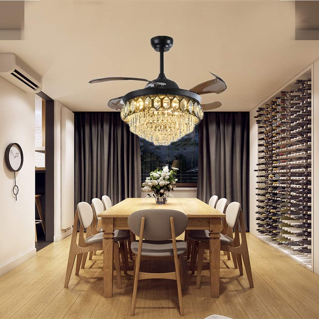 42'' Crystal Ceiling Fan with Light Modern Luxury Black Pendant Chandelier Geometric Design Led Light Fixture, Remote 3 Gears Adjustable Light Colors and Fan Speeds, Silent Motor