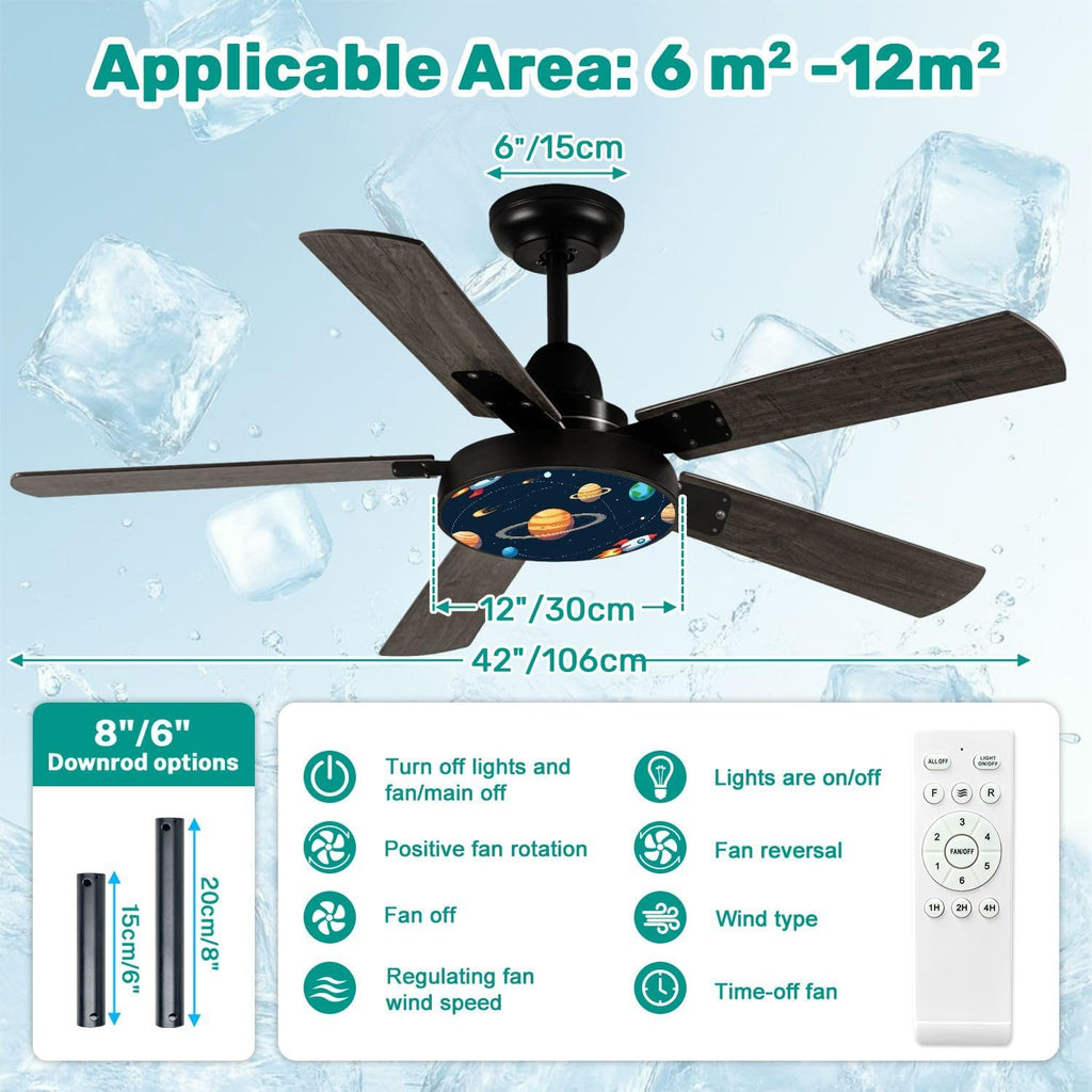 Modern Ceiling Fans with Lights Remote, Space theme Solar system kids cartoon planet seamless Rocket planets 42 Inch Ceiling Fan for Bedroom Living Room Farmhouse, 6 Speed Reversible Quiet Motor