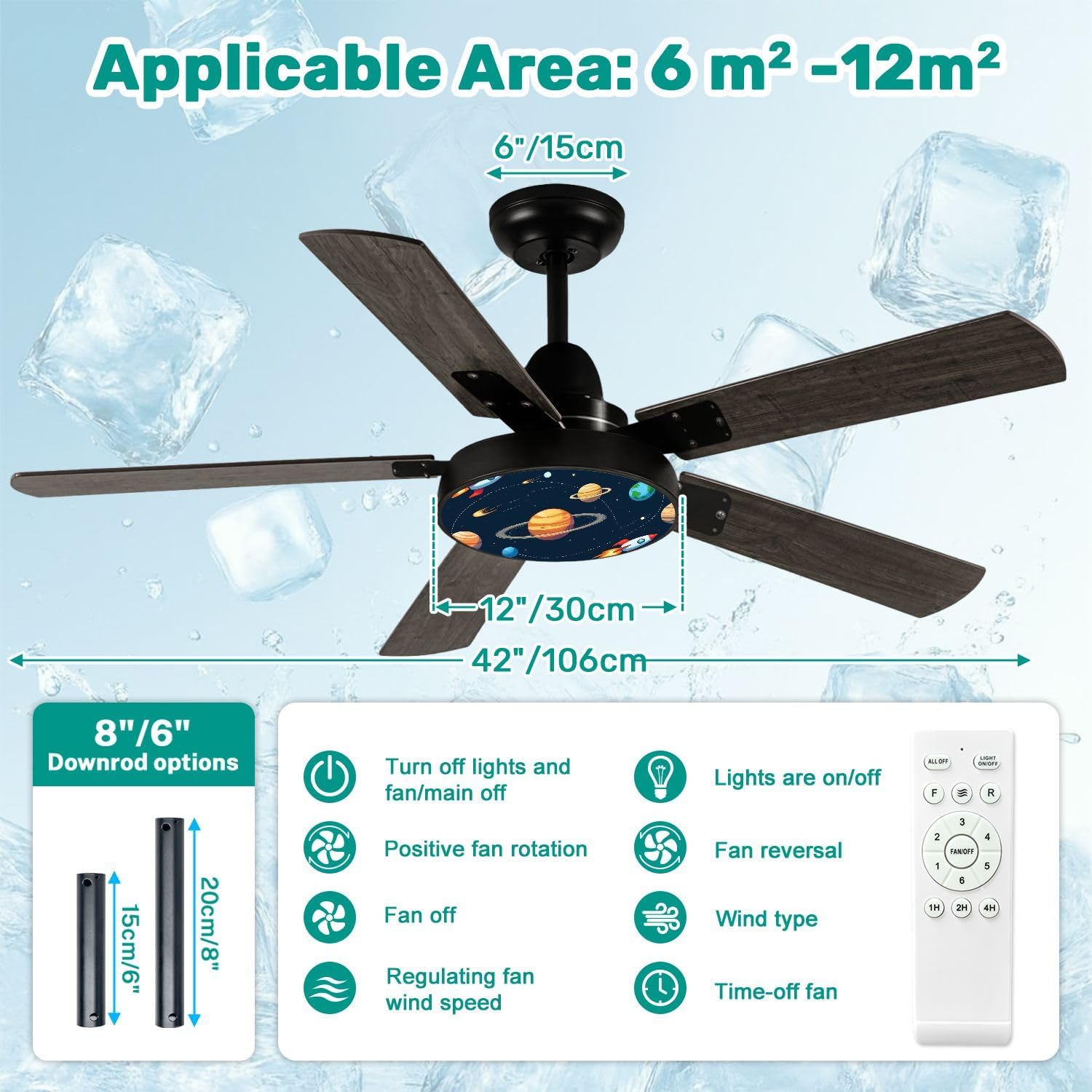 Modern Ceiling Fans with Lights Remote, Space theme Solar system kids cartoon planet seamless Rocket planets 42 Inch Ceiling Fan for Bedroom Living Room Farmhouse, 6 Speed Reversible Quiet Motor