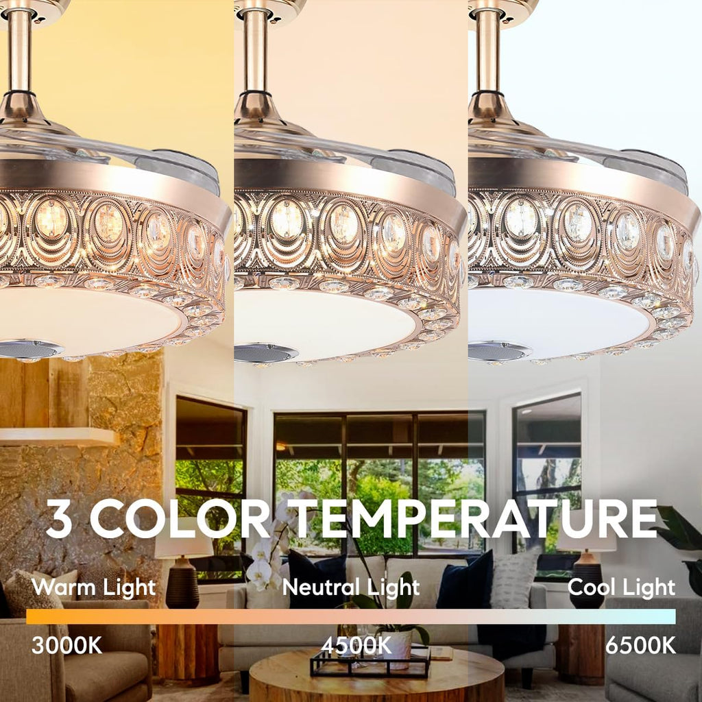 Gold Retractable Ceiling Fan with Lights and APP Remote RGB Colorful Changing Crystal Chandelier Bluetooth Ceiling Fan Music Player 3 Speeds Smart Fandelier Ceiling Fan Lighting Fixture