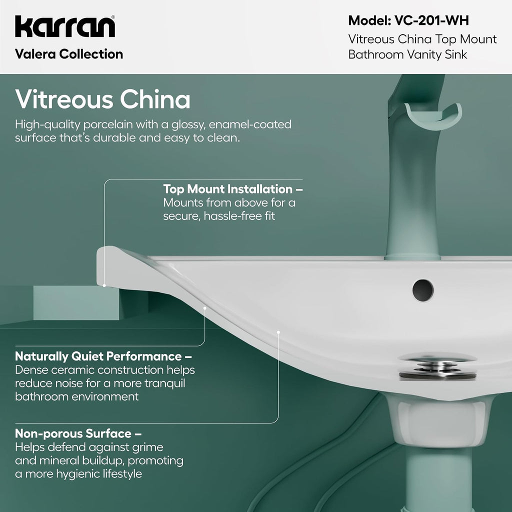 Karran VC-201-WH Valera 21' Top Mount Vitreous China Bathroom Sink in White with Overflow Drain