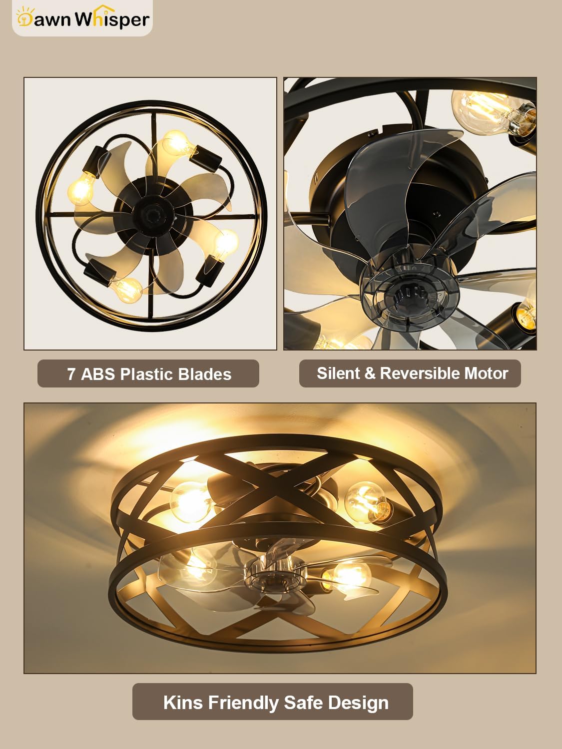 Dawn Whisper 20'' Farmhouse Ceiling Fans with Lights Flush Mount Ceiling Fans with Lights Industrial Black Caged Ceiling Fan with Light for Bedroom Living Room