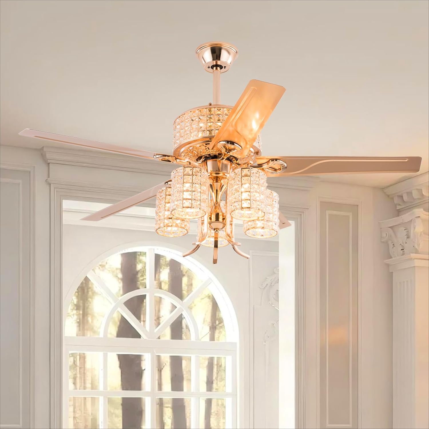 Fandelier Ceiling Fan with Light,52 inch Crystal Chandelier Fan,Remote Control,6-Speeds, Quiet Reversible DC Motor,Luxury Rose Gold Ceiling Fan for Indoor Living Room Dining Room E26