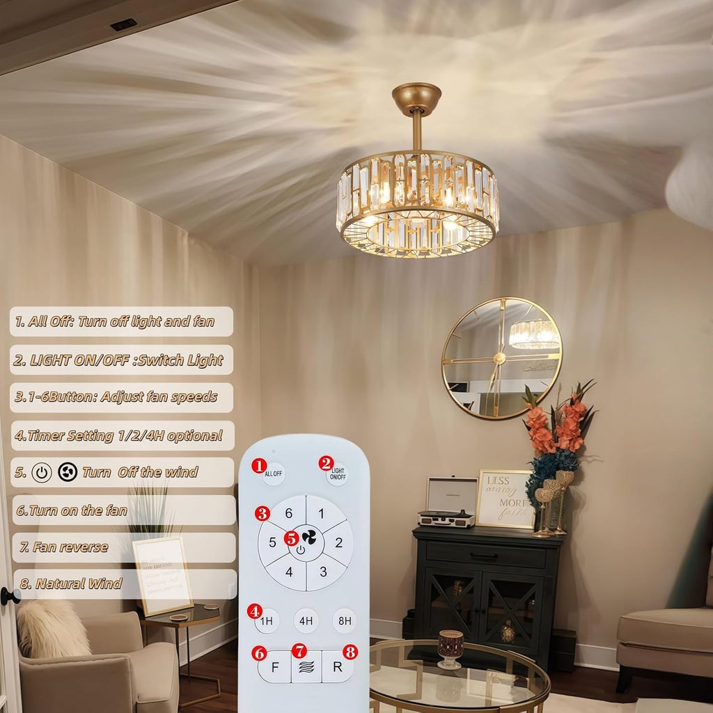 18.2' Crystal Caged Ceiling Fan with Light 4-Light Modern Fandelier Lighting Gold Ceiling Fan with Lights Reversible Remote Ceiling Fan Chandelier for Bedroom Living Room Dining Room Kitchen