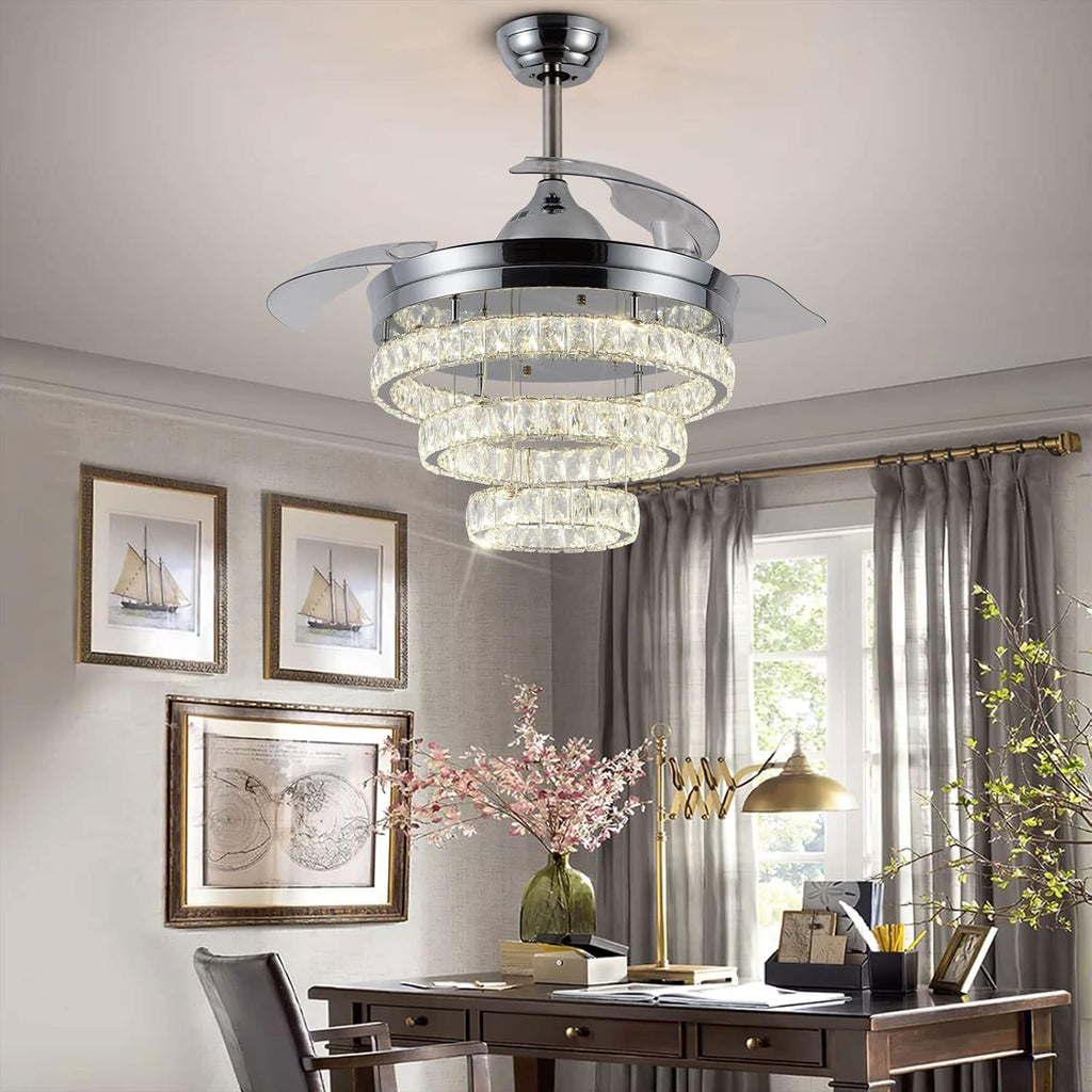 42' Dimmable Fandeliers Modern Crystal Ceiling Fan with Lights LED Invisible Fandelier Crystal Chandelier Fan 3 LED Color Change with Memory Function