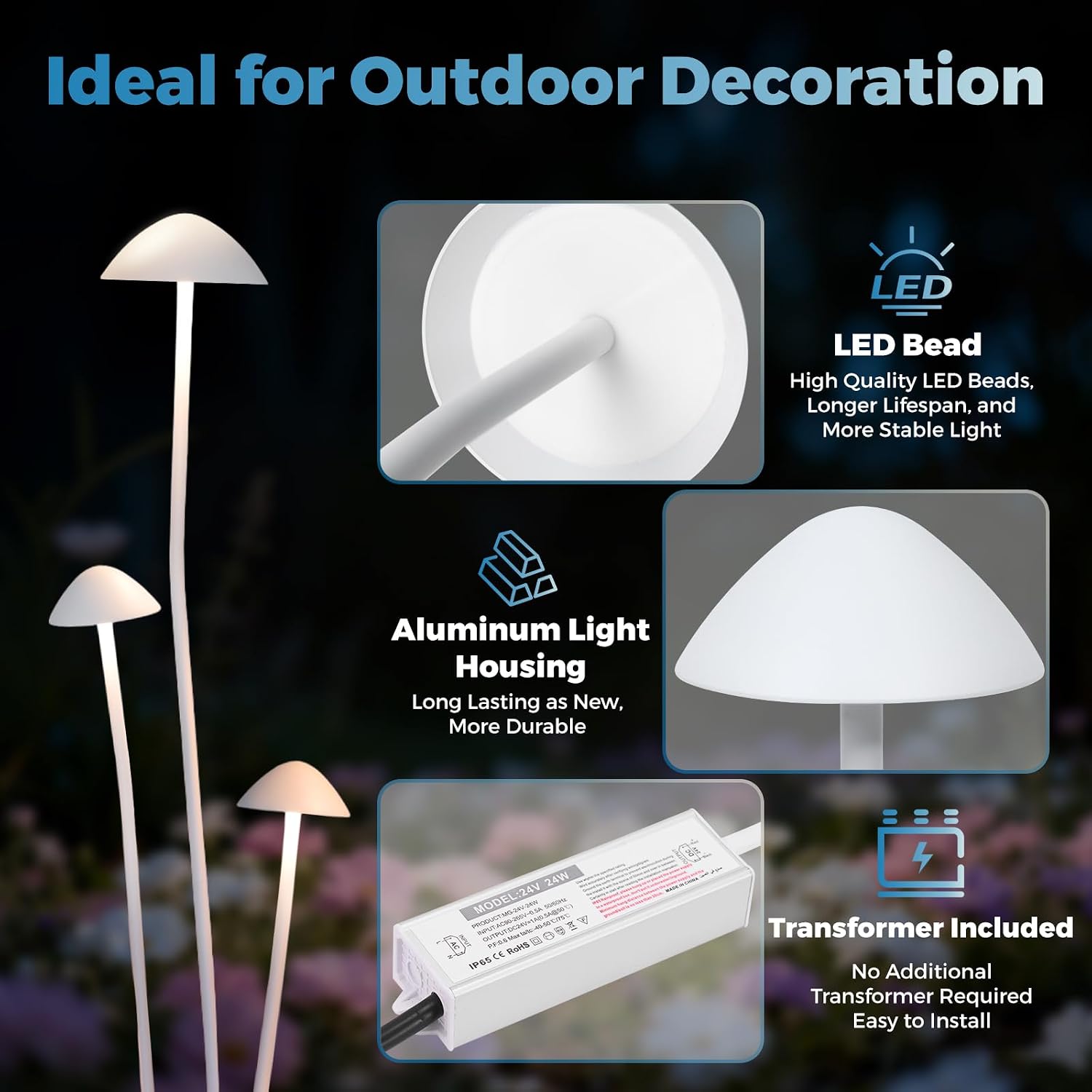 Gardencoin LED Low Voltage Outdoor Lighting Kit, 24V Outdoor Landscape Decorative Lights, Unique Aluminum Mushroom Light Wired with Transformer for Garden, Patio, Lawn, Backyard, Pathway, Set of 3