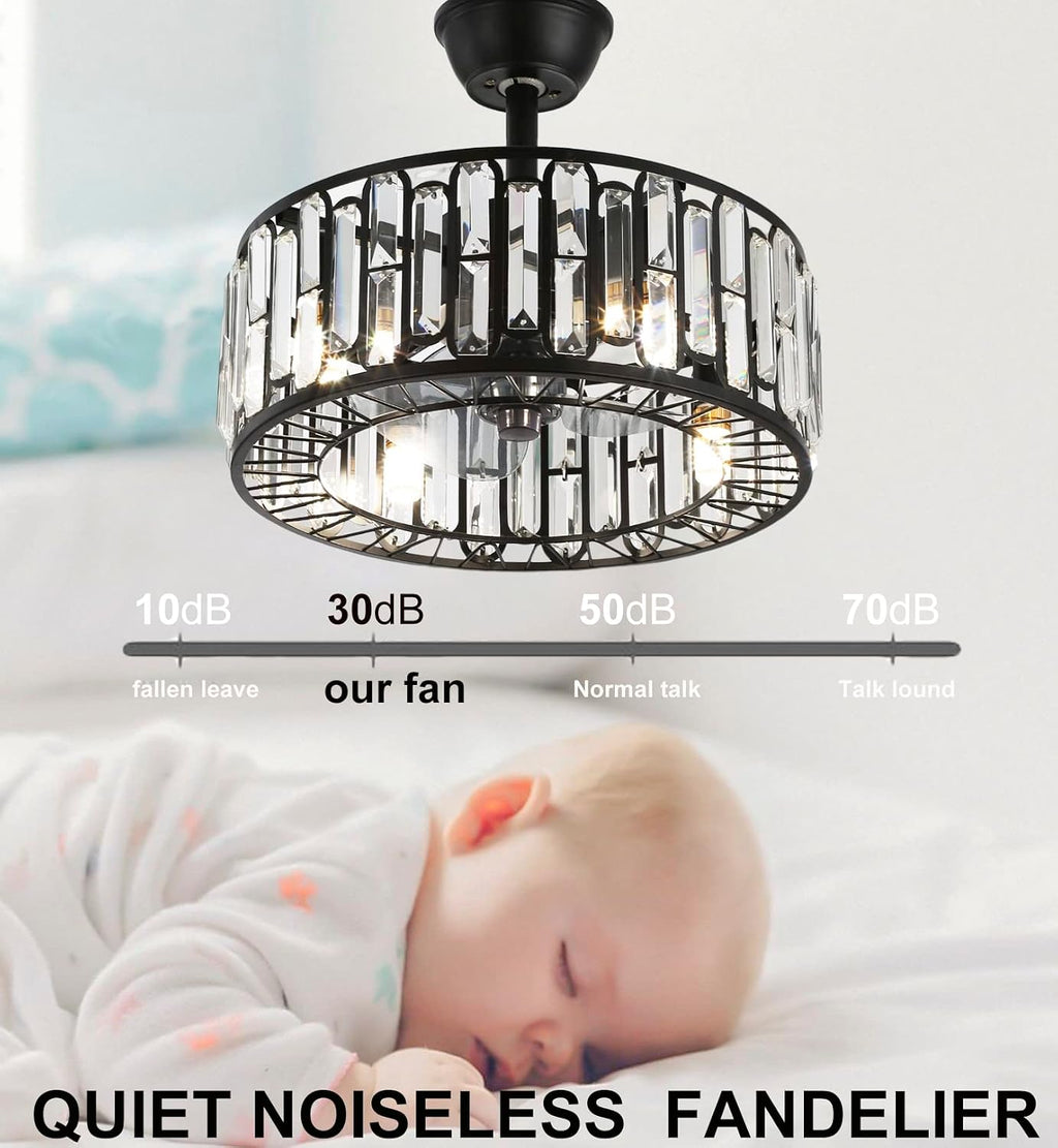 Fandian 18' Industrial Caged Ceiling Fan with Light,Bladeless Fan with 3 Speeds, Farmhouse Crystal Fandelier with Remote Control, Vintage Black Crystal Chandelier Fan for Dining Bedroom