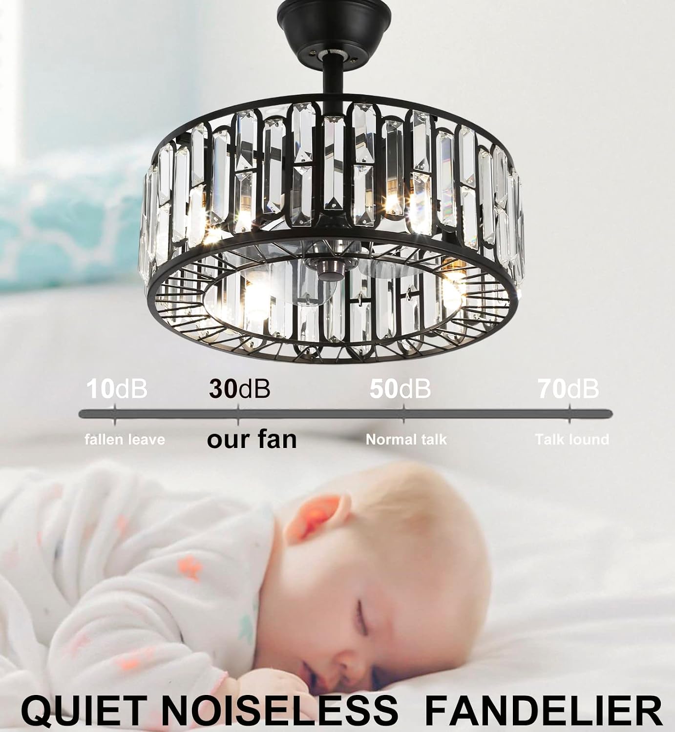 Fandian 18' Industrial Caged Ceiling Fan with Light,Bladeless Fan with 3 Speeds, Farmhouse Crystal Fandelier with Remote Control, Vintage Black Crystal Chandelier Fan for Dining Bedroom