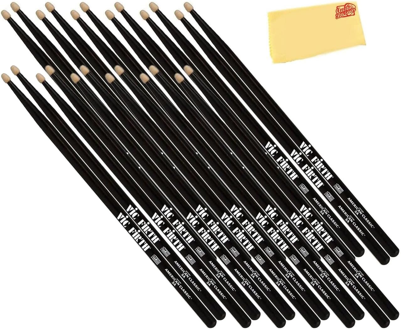 Vic Firth American Classic 5A Black Drumsticks - 12 Pairs with Austin Bazaar Polishing Cloth