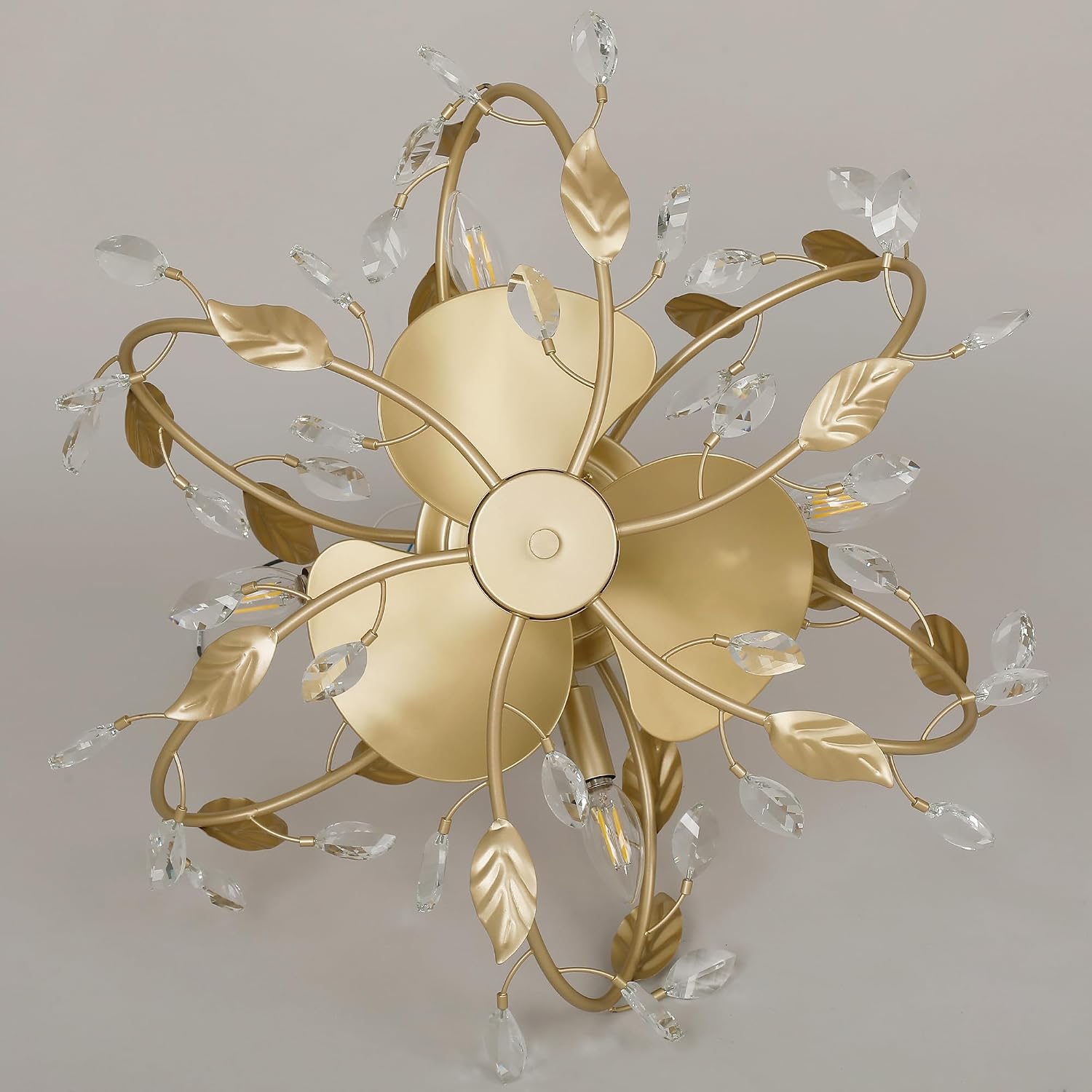 24' Gold Chandelier Ceiling Fans with Lights and Remote, Modern Crystal Leaf Caged Ceiling Fan, Quiet 6-Speed Reversible DC Motor, Dimmable Small Low Profile Ceiling Fan for Bedroom, Dining Room, E12