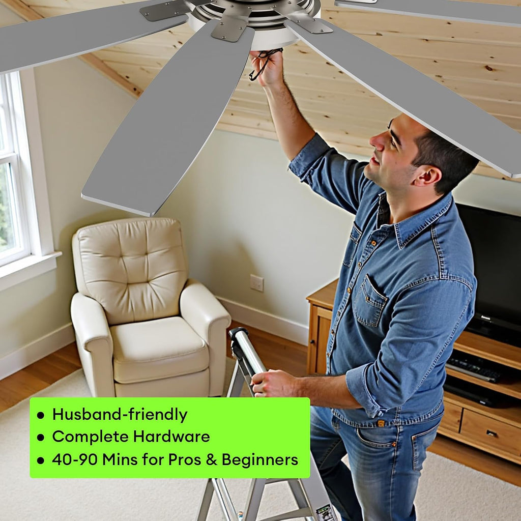 72 Inch Large Ceiling Fans with Lights and Remote Control, Modern Nickel Ceiling Fan with Quiet Reversible DC Motor, Timer, 6 Speeds for Living Room, Kitchen, Home Office, Outdoor Patio