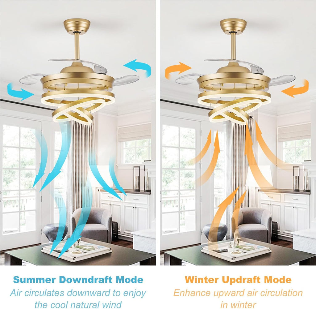 42 Inch Retractable Ceiling Fan with Lights, Gold Fandelier Ceiling Fans with Light and Remote, Reversible, 6 Speed Dimmable LED Chandelier Ceiling Fan for Bedroom Living Room Dining Room, 3000K-6000K