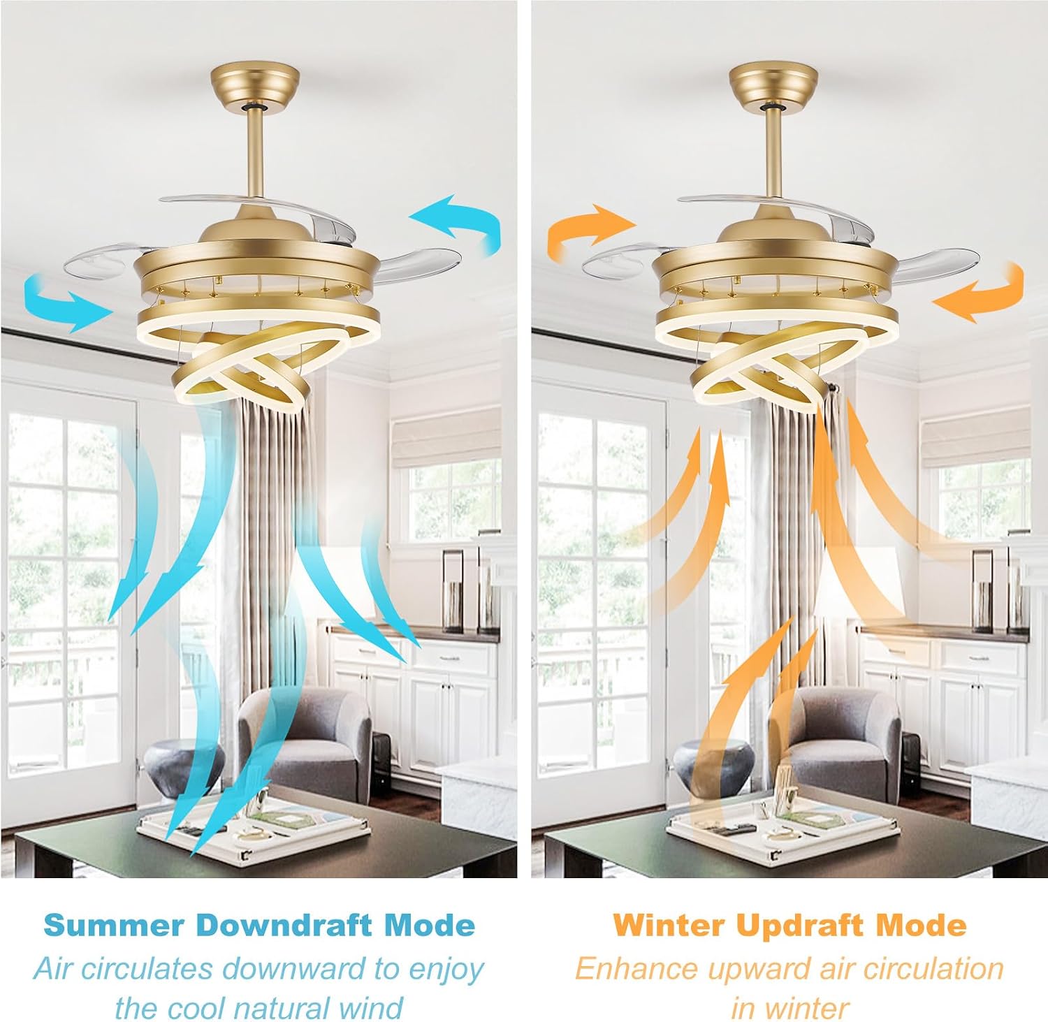 42 Inch Retractable Ceiling Fan with Lights, Gold Fandelier Ceiling Fans with Light and Remote, Reversible, 6 Speed Dimmable LED Chandelier Ceiling Fan for Bedroom Living Room Dining Room, 3000K-6000K