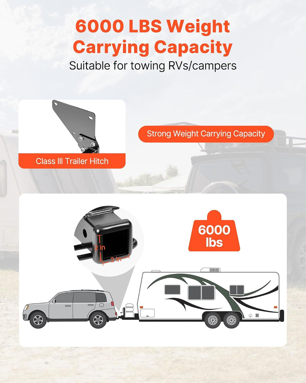 VEVOR Class 3 Trailer Hitch, 2-Inch Receiver, 6000 lbs, Q345B Steel Tube Frame, Compatible with 2020-2024 Toyota RAV4, Multi-Fit Hitch to Receive Ball Mount, Cargo Carrier, Bike Rack, Tow Hook, Black