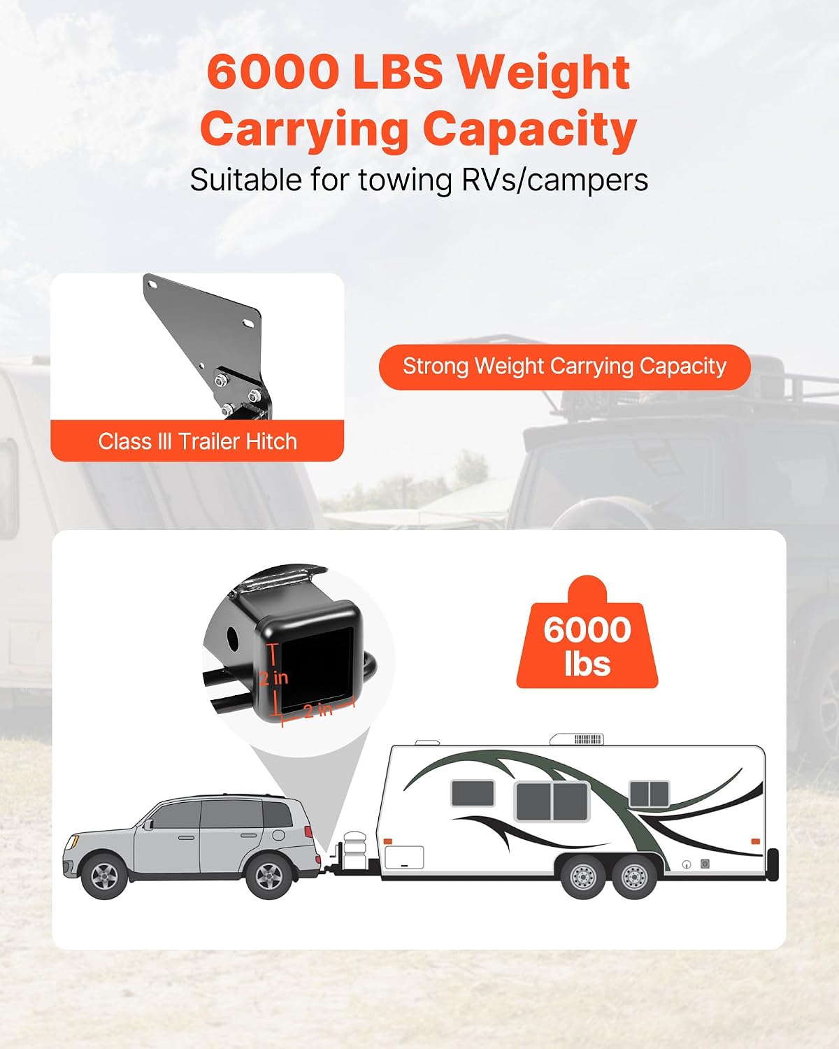 VEVOR Class 3 Trailer Hitch, 2-Inch Receiver, 6000 lbs, Q345B Steel Tube Frame, Compatible with 2020-2024 Toyota RAV4, Multi-Fit Hitch to Receive Ball Mount, Cargo Carrier, Bike Rack, Tow Hook, Black
