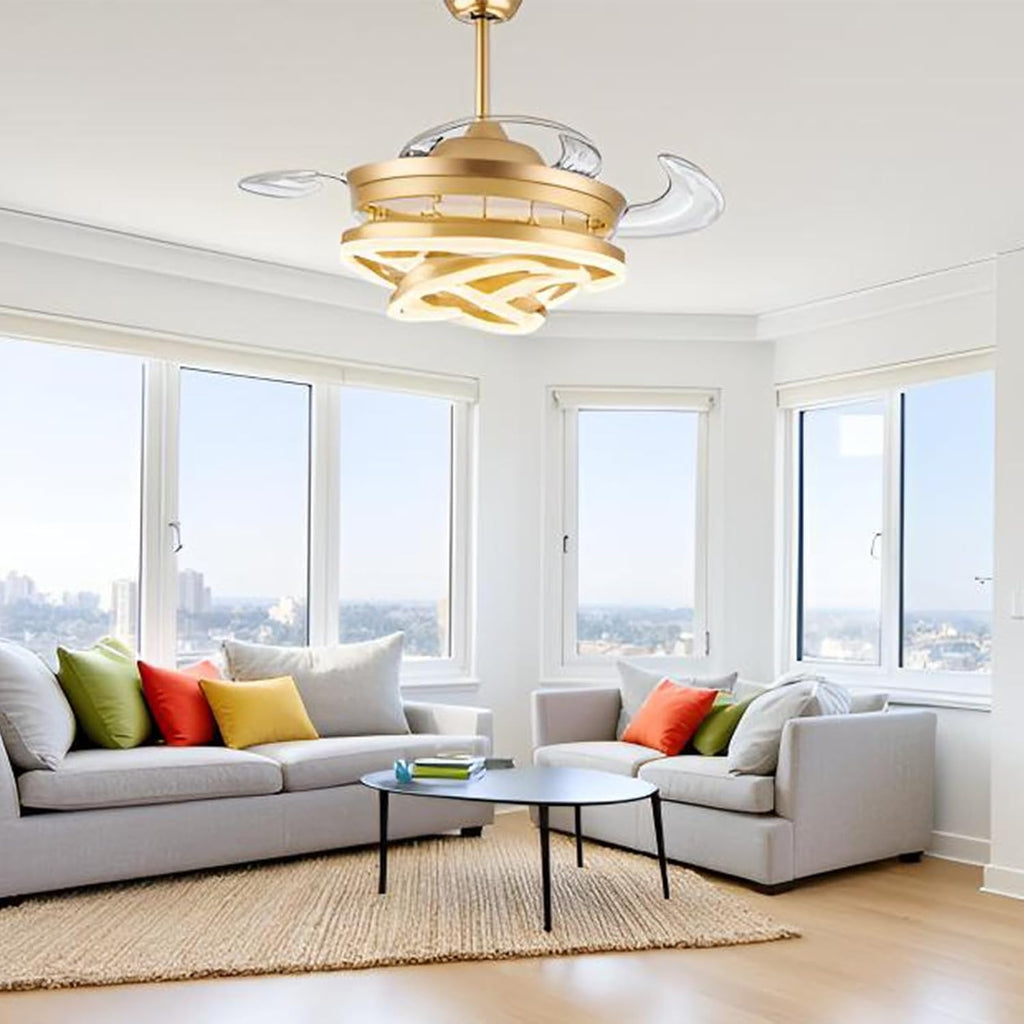 42 Inch Retractable Ceiling Fan with Lights, Gold Fandelier Ceiling Fans with Light and Remote, Reversible, 6 Speed Dimmable LED Chandelier Ceiling Fan for Bedroom Living Room Dining Room, 3000K-6000K
