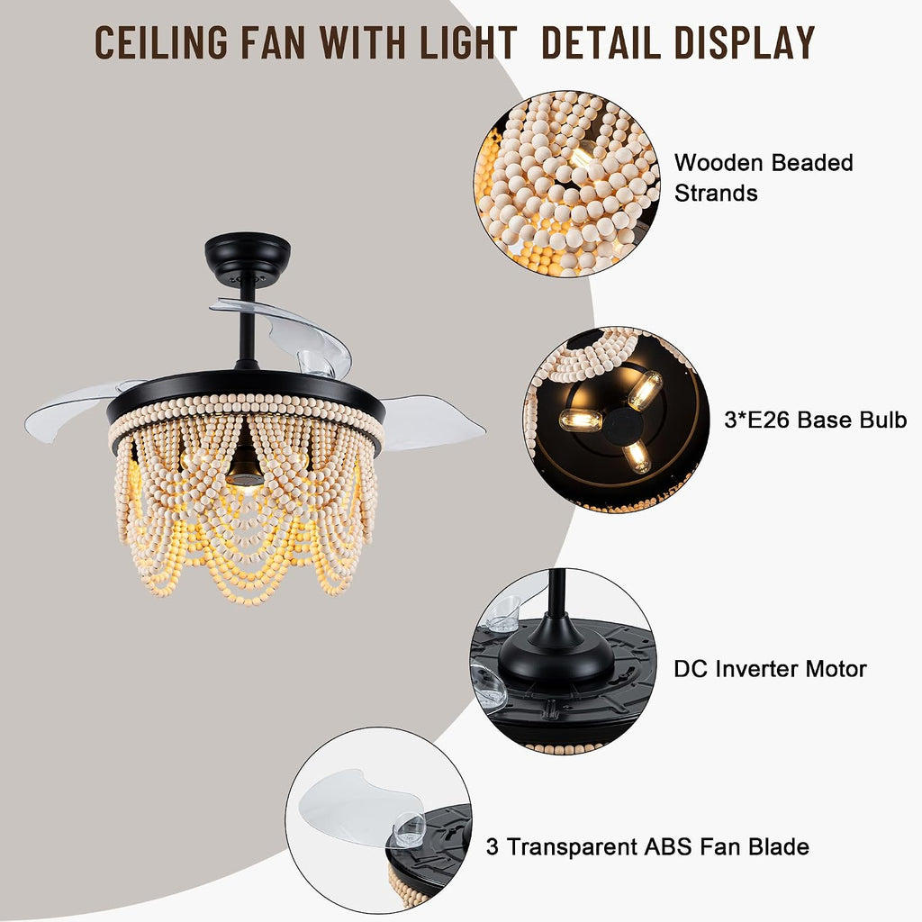 42'' Retractable Ceiling Fans with Lights and Remote,Bohemian Ceiling Fans with Wooden Beads,6 Speeds Reversible Bladeless Ceiling Fan for Bedroom Living Room Kitchen