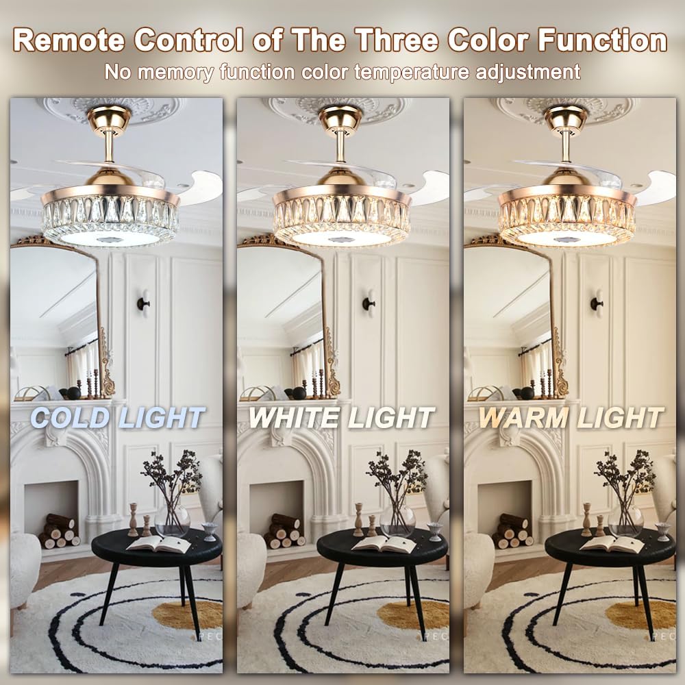 42' Bluetooth Chandelier Ceiling Fans with Lights Modern Retractable Fandelier Ceiling Fan and Remote 7 Color Change Smart Invisible Fan Light with Music Player for Bedrooms Living Room, Gold