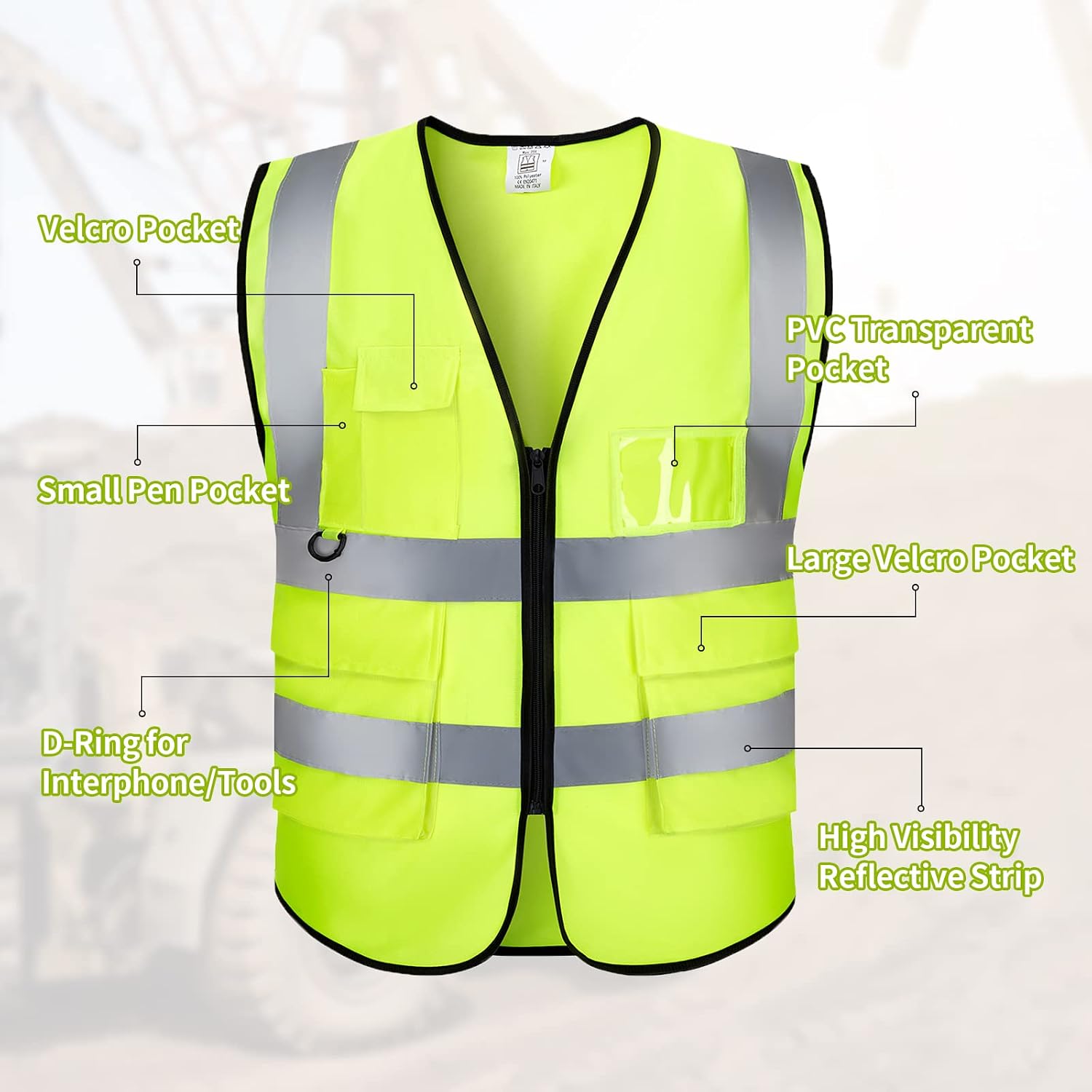 Custom Logo Safety Vest High Visibility Reflective Vest Class 2 Standard with Pockets and Zipper