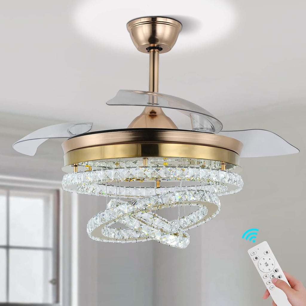 42' Dimmable Gold LED Fandeliers Crystal Chandelier Ceiling Fan with Lights Modern Invisible Fandelier Crystal Chandelier Fan 3 LED Color Change with Memory Function
