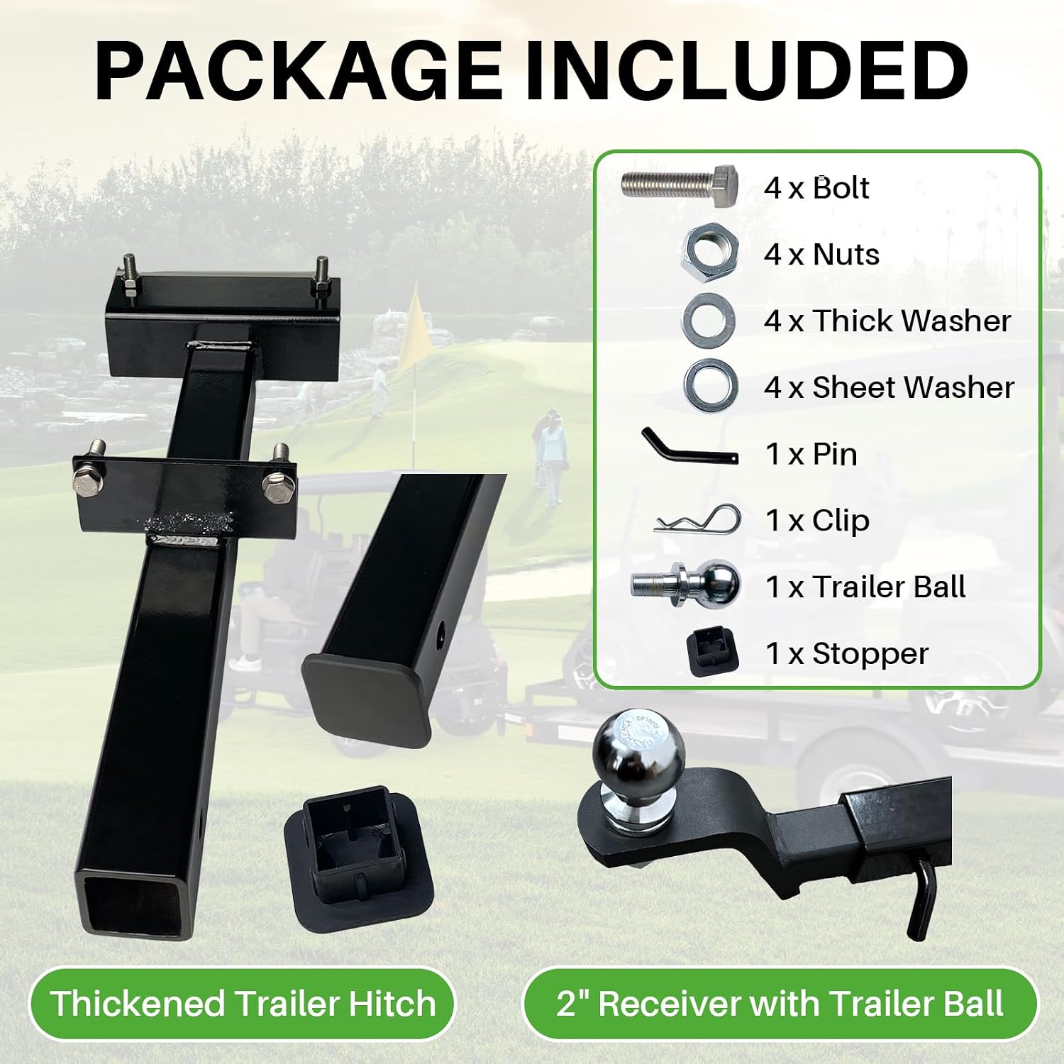 Upgraded Golf Cart Trailer Hitch Kit with 2' Receiver, Heavy Duty Rear Tow Hitch with Trailer Ball, Compatible with Evolution D2 Classic Carrier & Forester Plus, EV Golf Cart Accessories