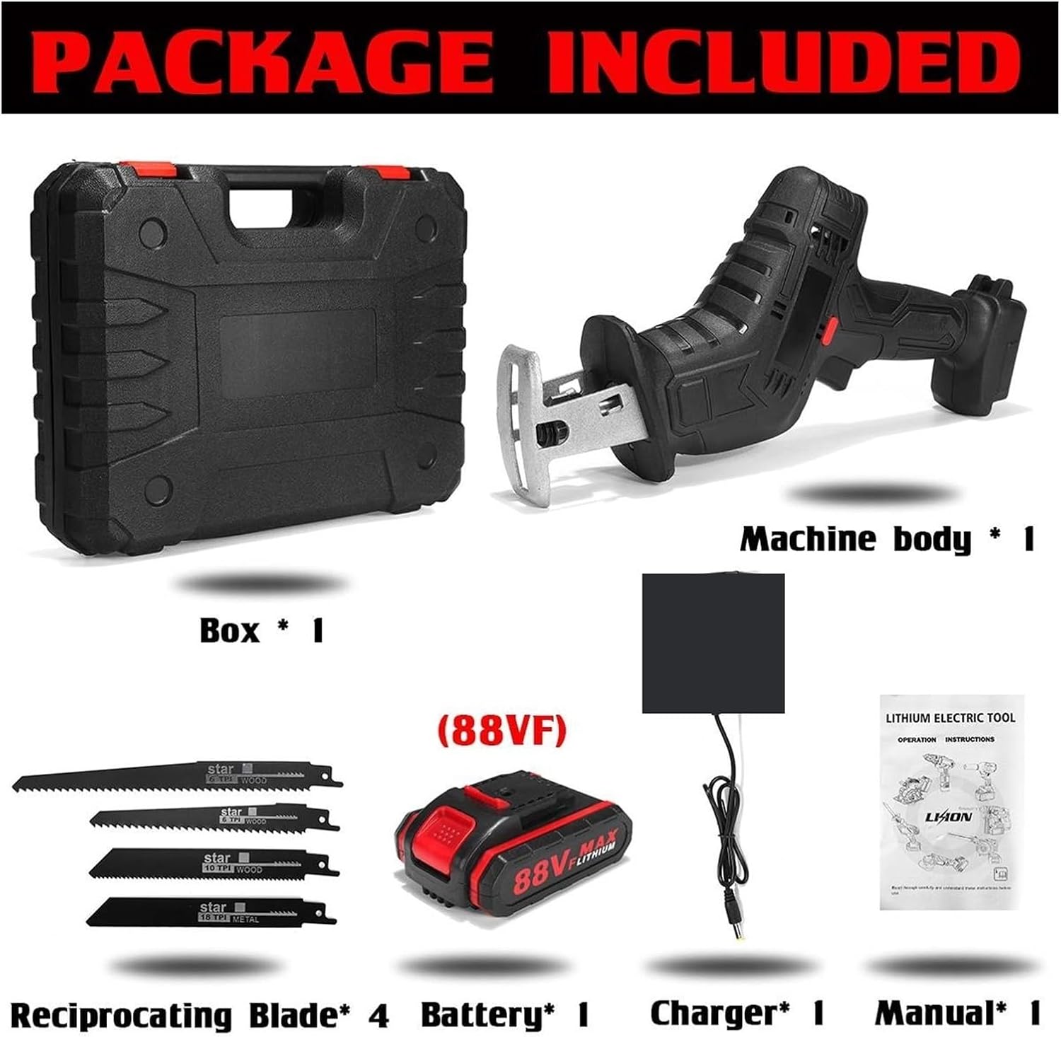 3000RPM/Min Cordless Electric Reciprocating Saw Portable Metal Wood Cutting Machine Tool Variable Speed 2Pcs Battery For DIY Use(1 Battery)
