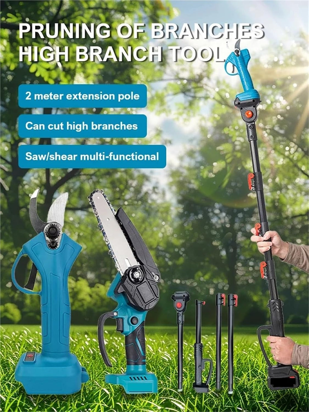 Reciprocating Saw, 3 In1 Brushless Saw&Pruning Shear Removable 2m Reach Extension Pole Fruit Tree Cordless Electric Chainsaw