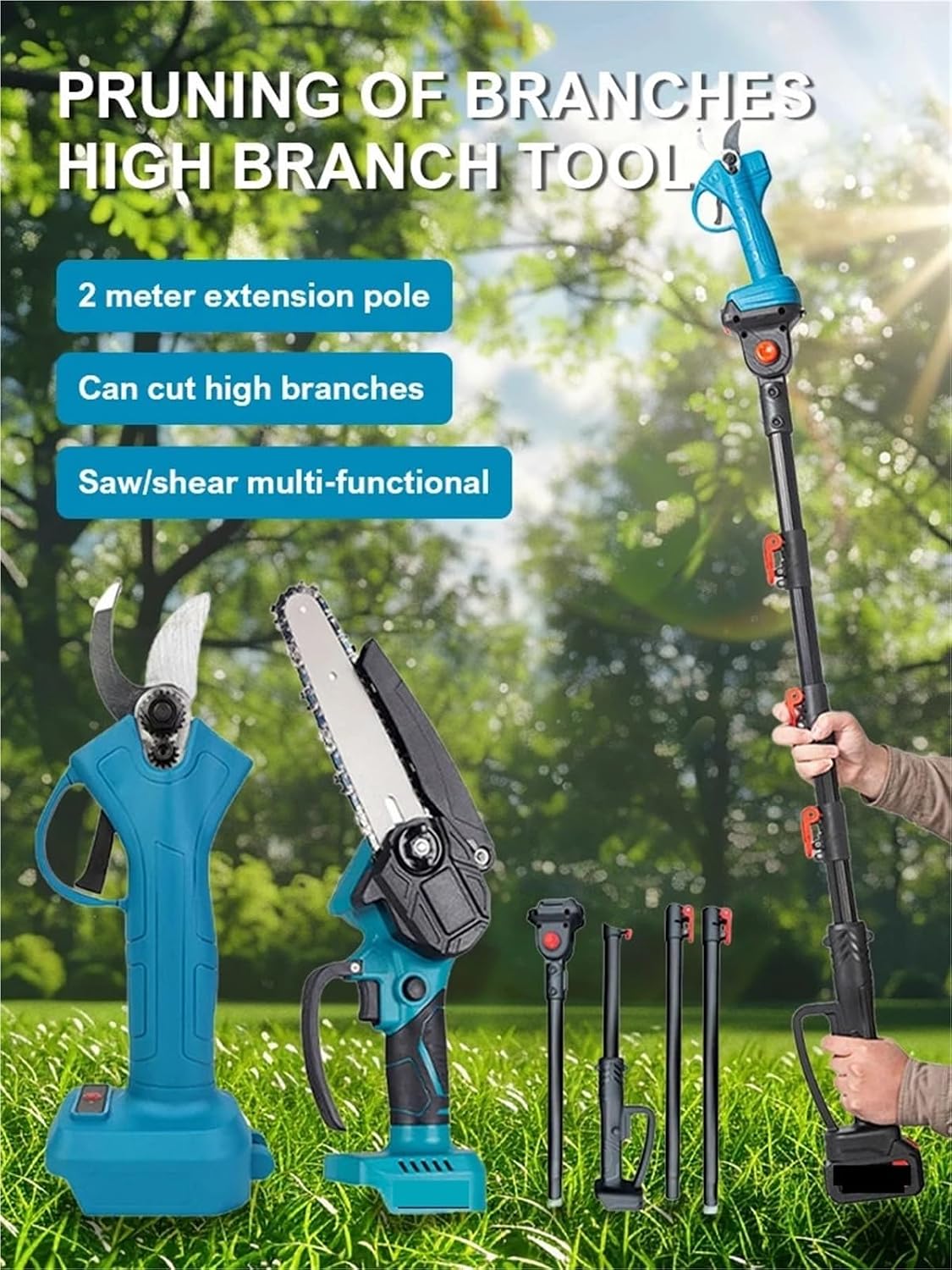 Reciprocating Saw, 3 In1 Brushless Saw&Pruning Shear Removable 2m Reach Extension Pole Fruit Tree Cordless Electric Chainsaw