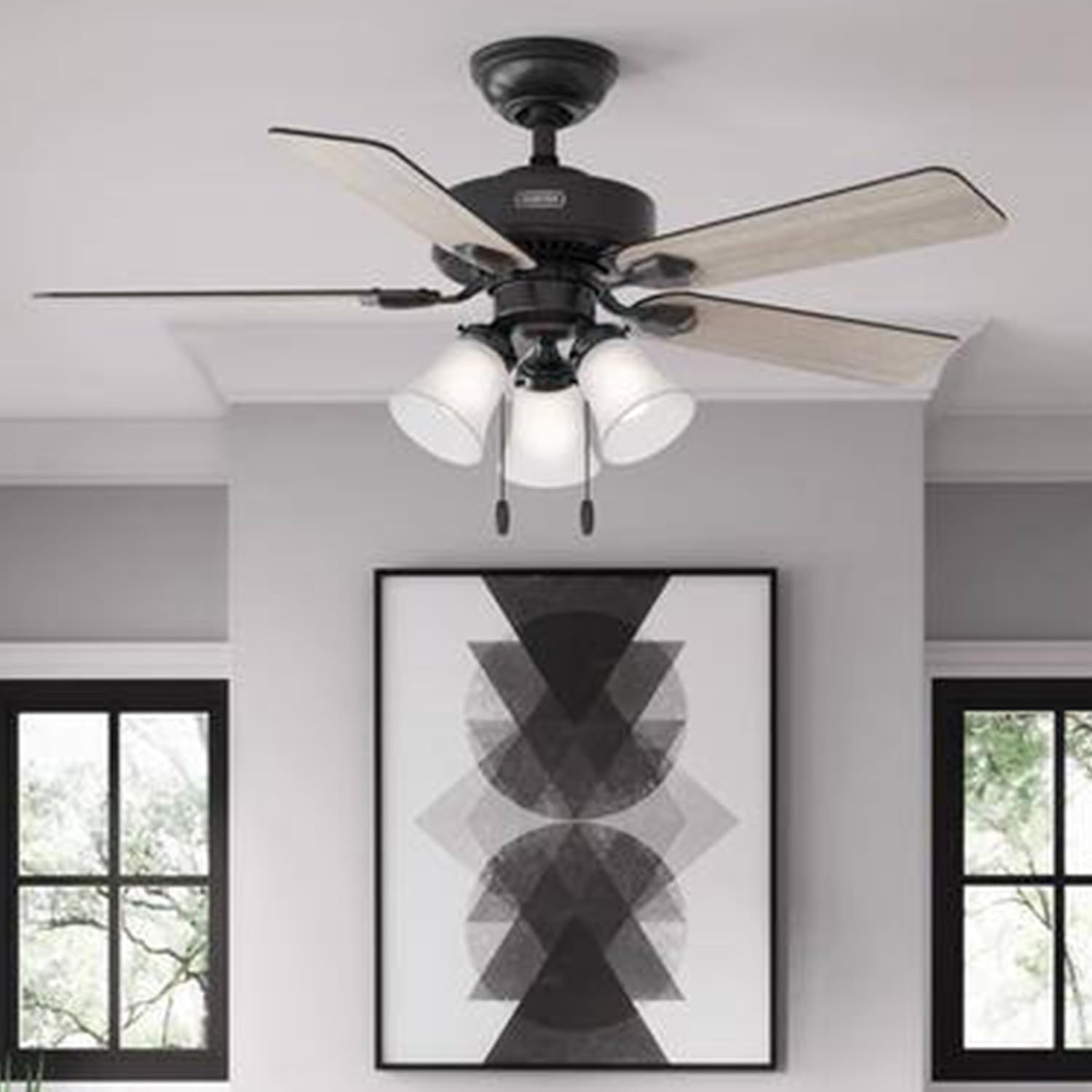 Hunter Fan 44 inch Matte Black Indoor Ceiling Fan with Light and Pull Chain for Bedroom, Living Room, Office, Basement, Kitchen, CC5C27C89 (Renewed)