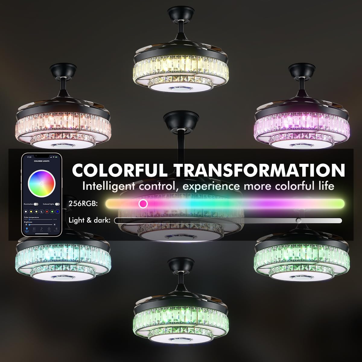 42''Black Crystal Ceiling Fan with Light, Modern 3 Speeds Changes 7 Colors Dimmable Fandelier Bluetooth Speaker Music Ceiling Fans Modern 2 Layers Crystal Light Fixture for Bedroom,Living Room