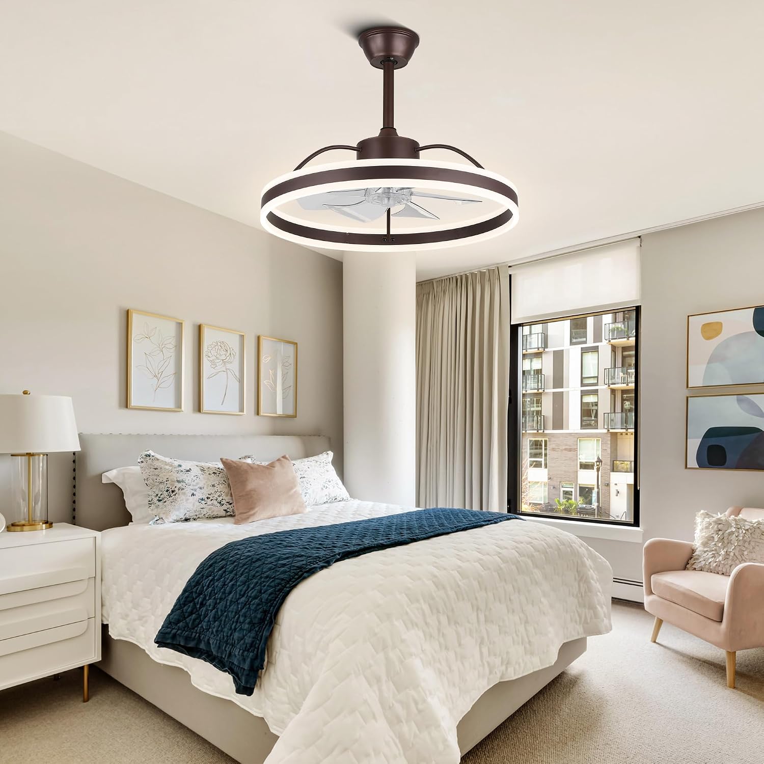 24' Bladeless Bedroom Ceiling Fan Fandelier LED Fan Light with Dimmable LED Light and Remote Control (Coffe)