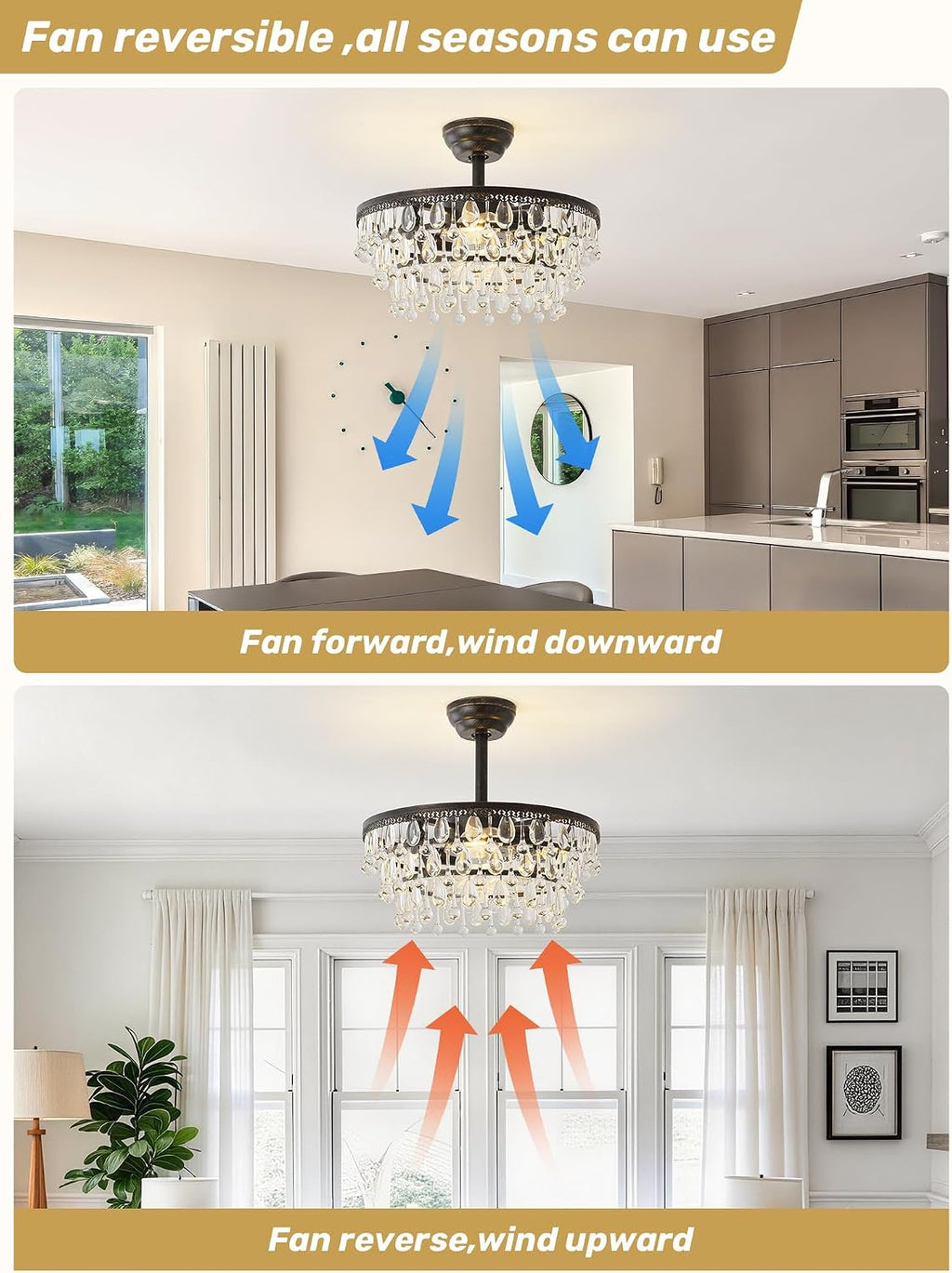 Crystal Fandelier Ceiling Fan with Light, 20' Black Crystal Chandelier Ceiling Fans with Lights and Remote with 6 Speeds for Bedroom, Living Room, Nursery