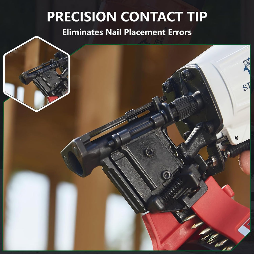 NVH45 Roofing Nail Gun, 15 Degree Pneumatic Pistolas Para Roofing, 7/8' to 1-3/4' Nails Compatibility, 3/8 NPT Air Connector, 120-Pcs Load Capacity for Roofing Constructions(Wht-Grn Ver)