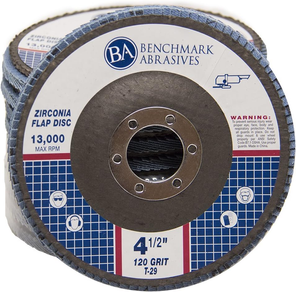 Benchmark Abrasives 4.5' x 7/8' Premium Zirconia T29 Angled Flap Discs 4 1/2 for Angle Grinder, Sanding Discs, Finishing, Rust, Stock Removal- Grinding Wheels 4 1/2 Inch (100 Pack) - 120 Grit