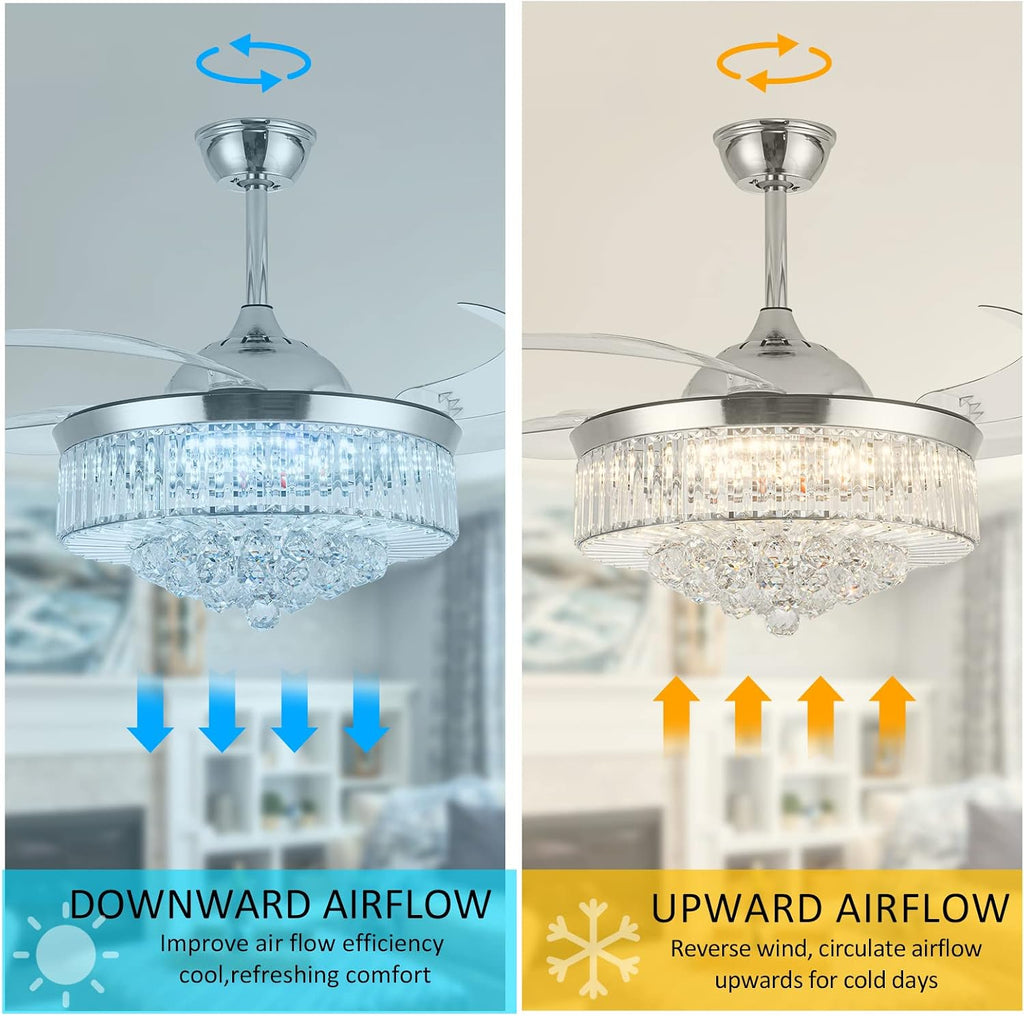 DatingDay 36' Invisible Ceiling Fan Chandelier Light,Modern Crystal Ceiling Fan Light Remote Control 4 Retractable ABS Blades for Bedroom Living Room Dining Room Decoration