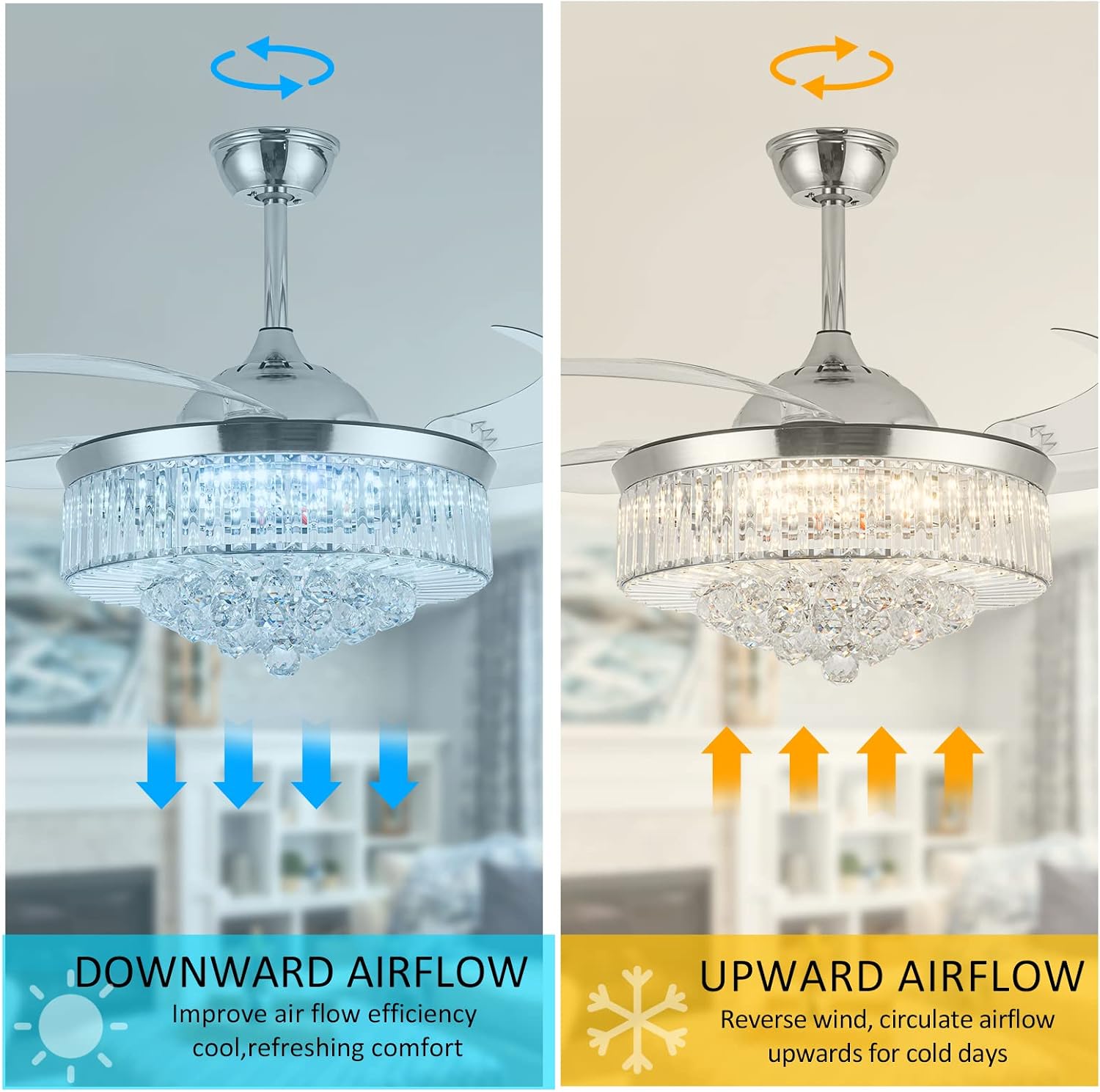DatingDay 36' Invisible Ceiling Fan Chandelier Light,Modern Crystal Ceiling Fan Light Remote Control 4 Retractable ABS Blades for Bedroom Living Room Dining Room Decoration