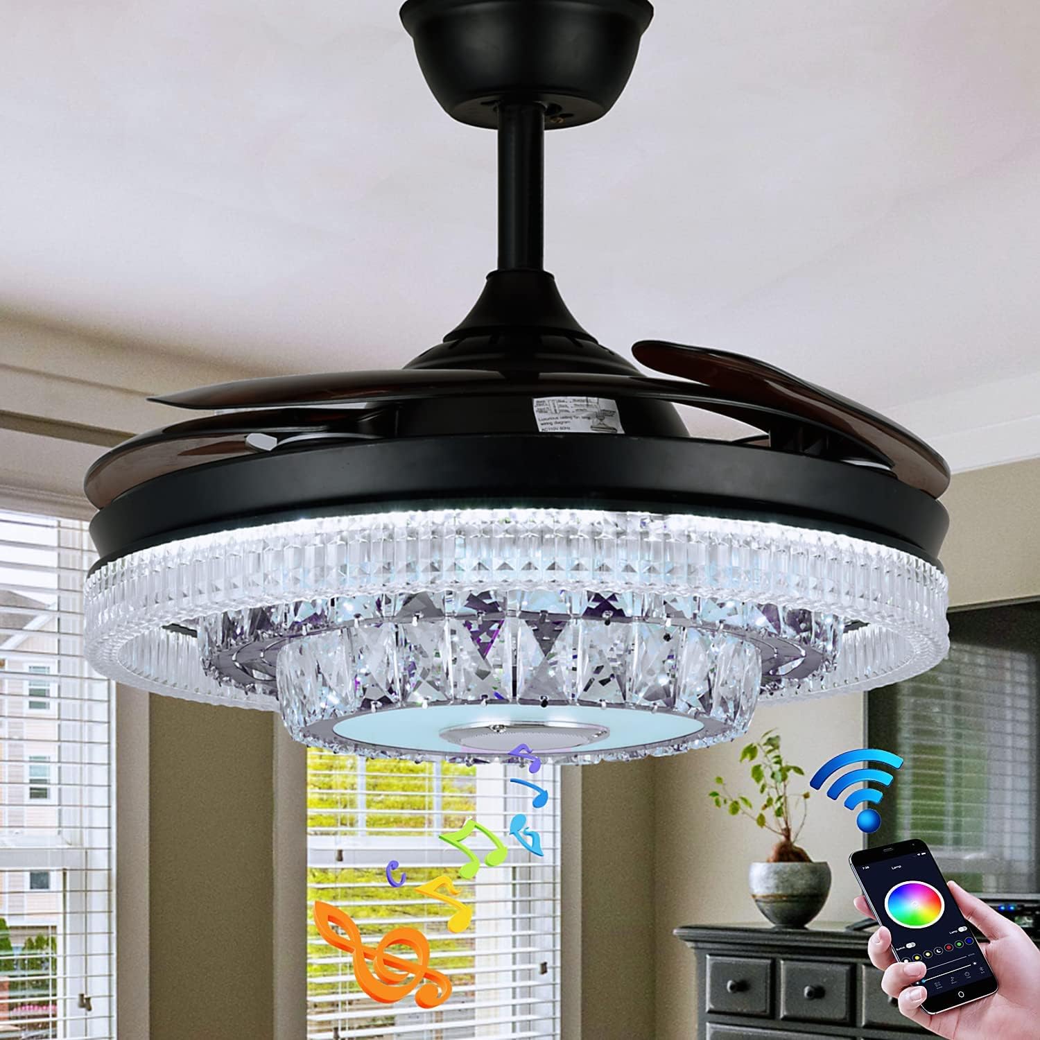 42inch Crystal Ceiling Fan Light with Bluetooth Speaker Reversible 6 Speeds Invisible Chandelier with Remote Control 3 Colors Change LED Light Dimmable Fandelier Music Lighting Fixture