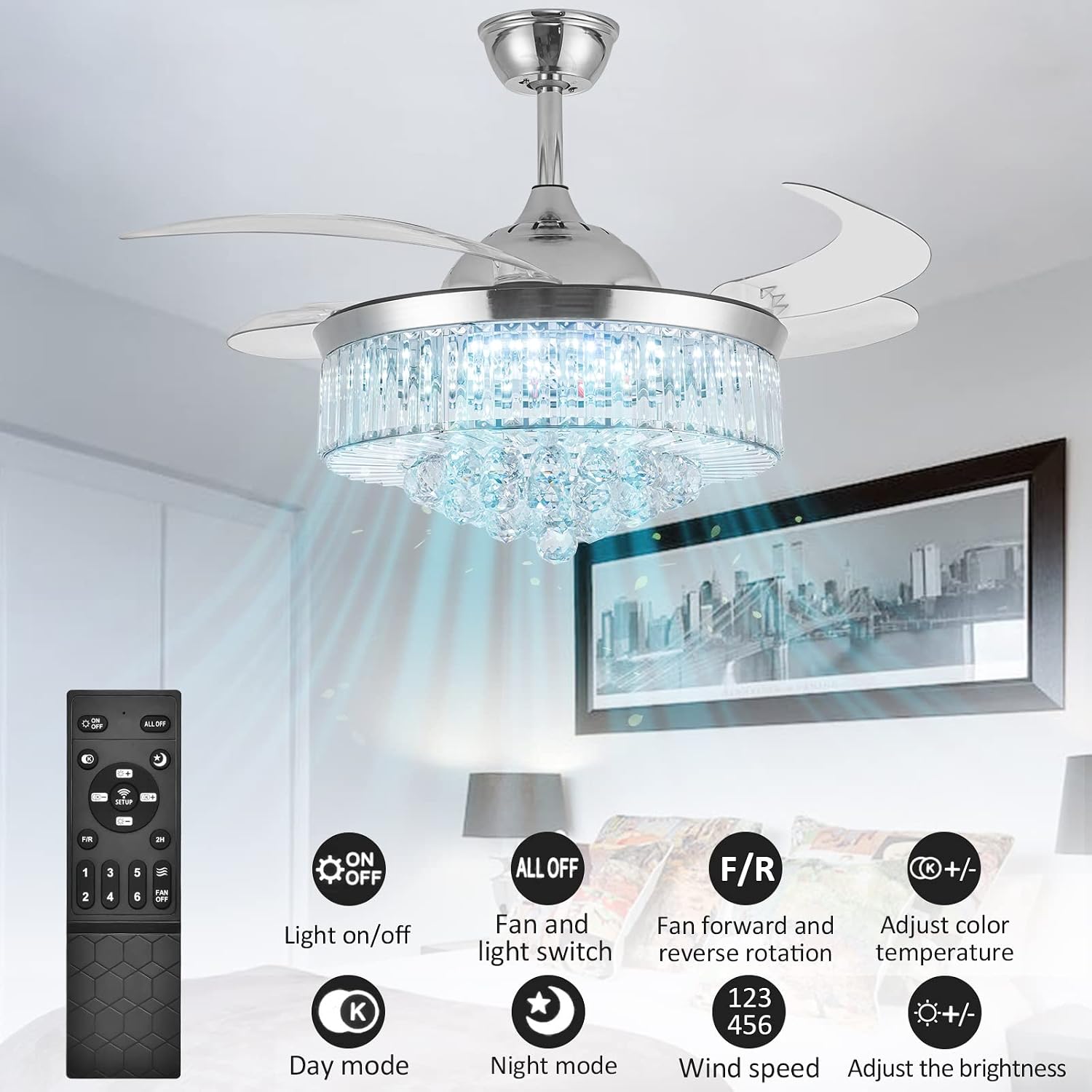 DatingDay 36' Invisible Ceiling Fan Chandelier Light,Modern Crystal Ceiling Fan Light Remote Control 4 Retractable ABS Blades for Bedroom Living Room Dining Room Decoration