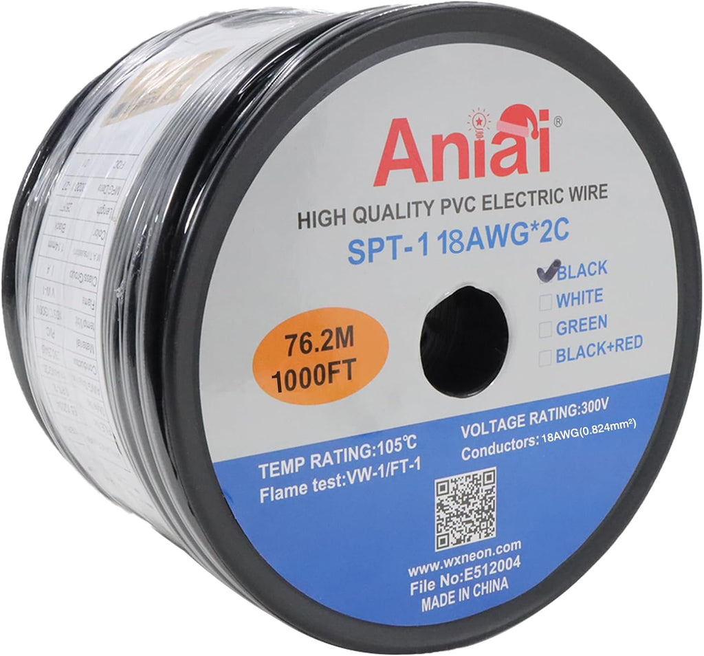 SPT-1 18/2 Low Voltage Landscape Lighting Copper Wire - 1000 Feet Black 18 Gauge 2 Conductor - Outdoor Direct Burial